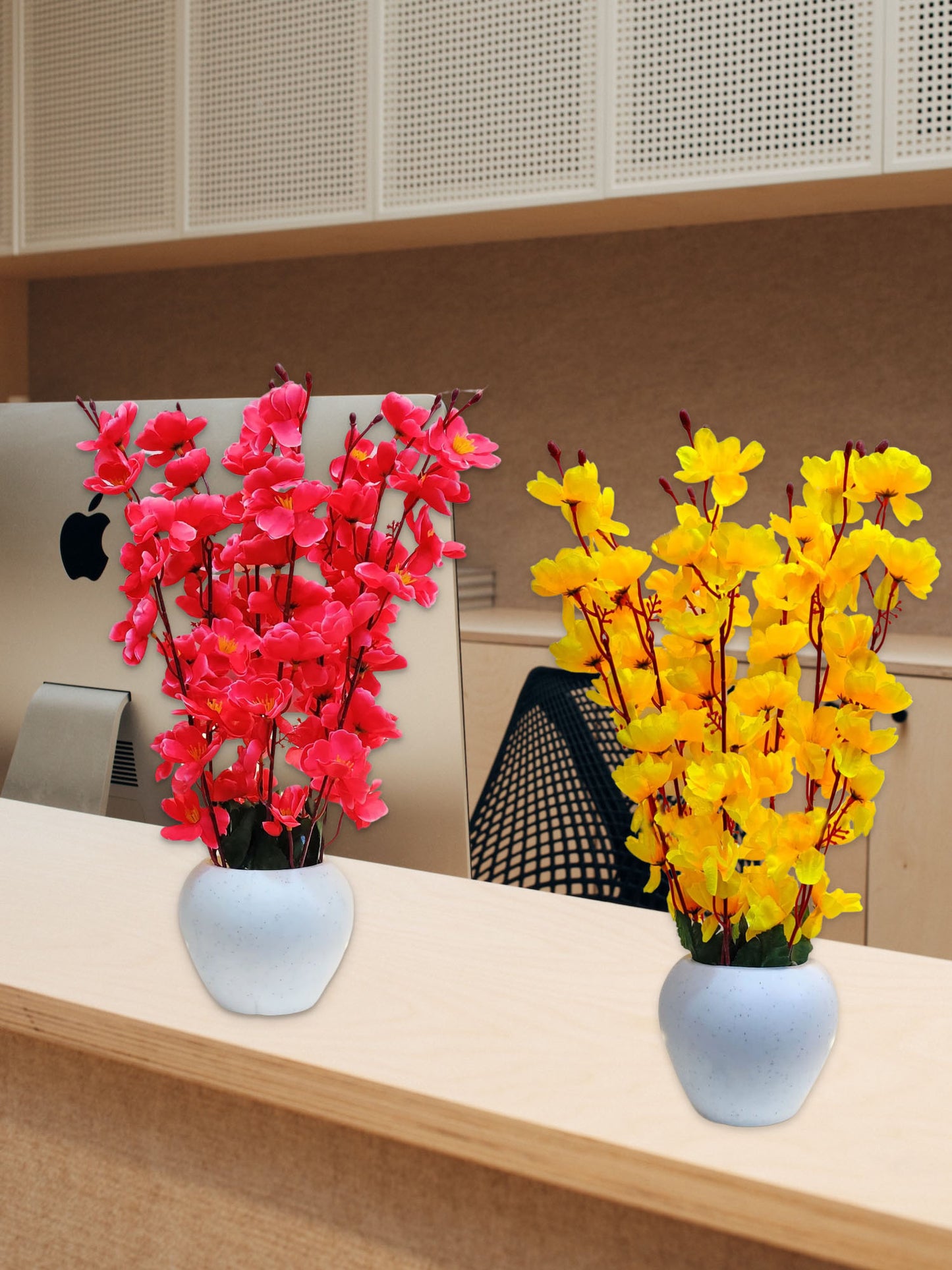 ARTSY® Artificial Flowers With Pot For Home Decoration, Office Decor Cherry Blossom combo, Maroon, Yellow, Pack of 2 Pieces.