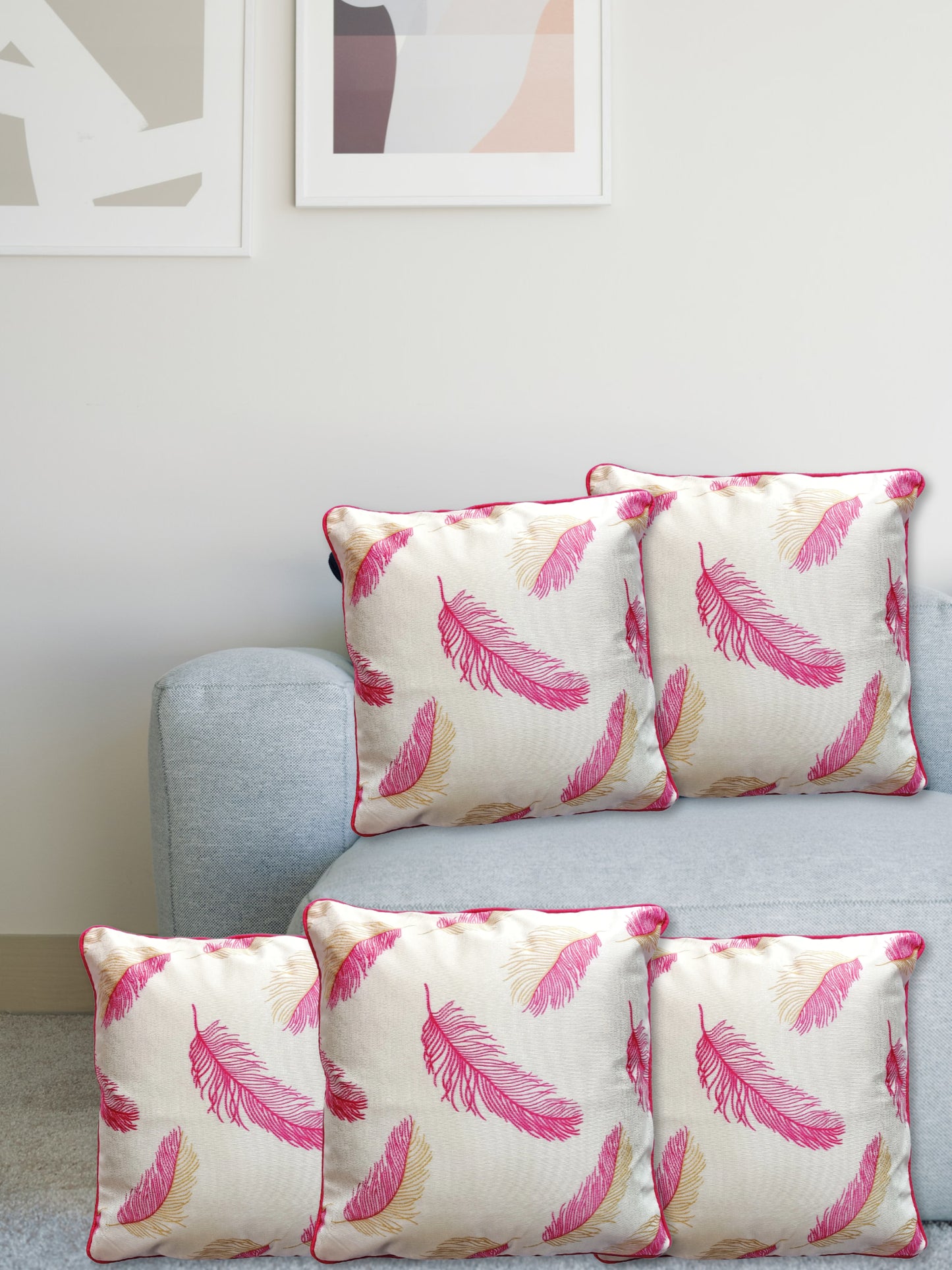 Vibrantly Printed Set of 5 Cushion Covers – Instant Elegance for Your Space, 16 X 16 Inches, White Pink