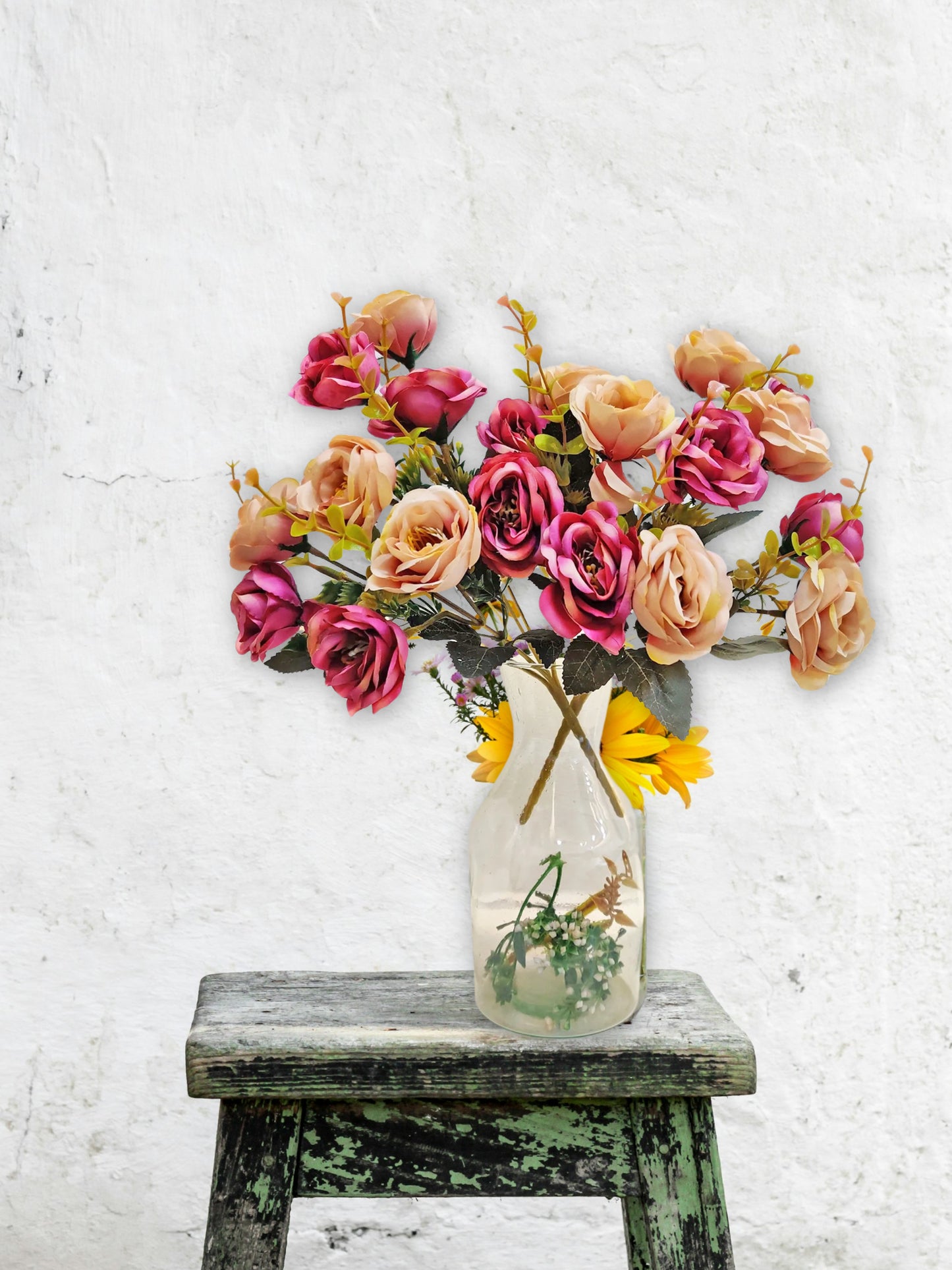 Artificial Flowers for decoration peony rose flower bunch for vase/pot, home/office decor, gift, artificial plant, Craft, Without Vase, Pack of 2 piece, multi, 35 cm height