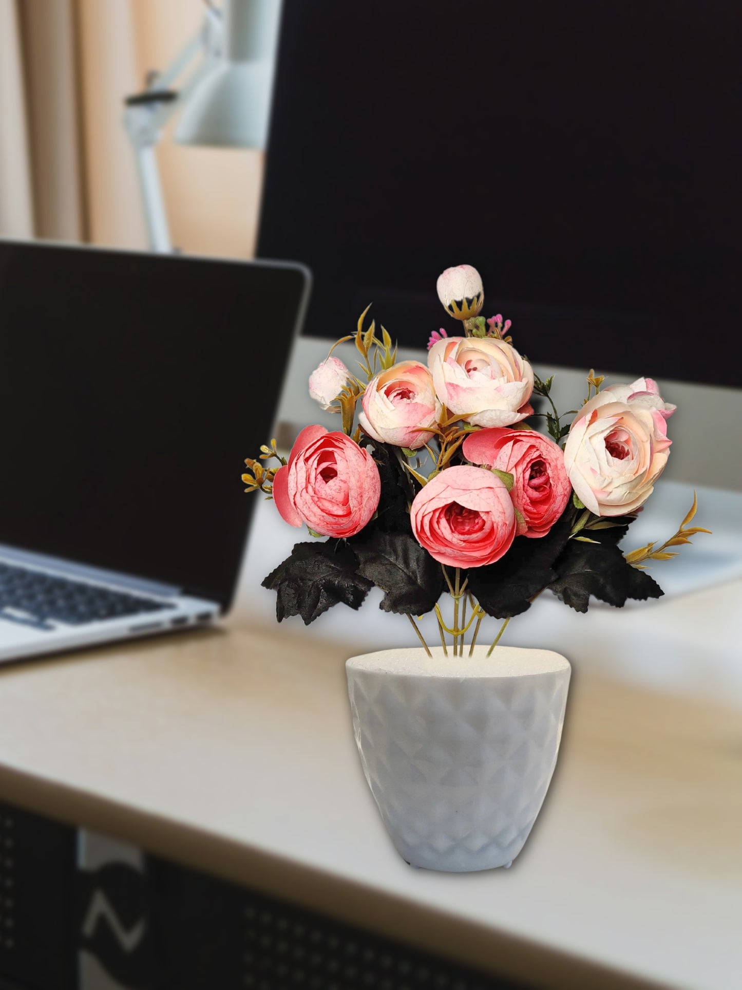ARTSY® Artificial flowers with pot for Home decoration, table top, office decor, peony flowers, craft, gift, 35 cm height, Baby pink, Pack of 1 Piece