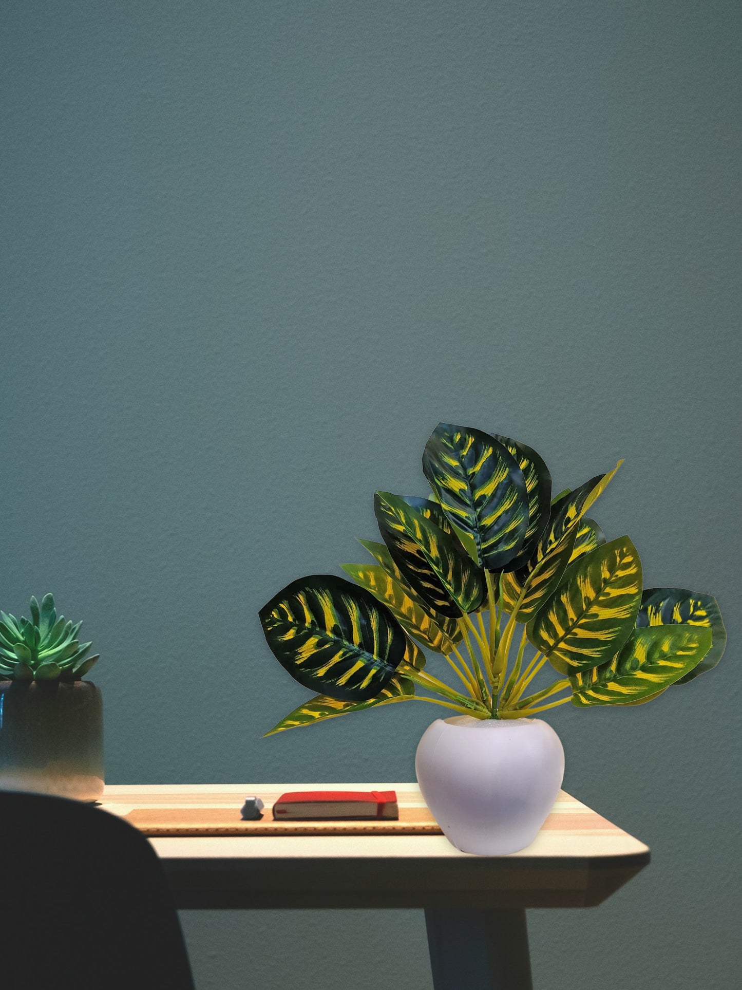 Blooming Beauty: Artificial Plant in Stylish Pot for Effortless Home Decor. Artificial Leaves with Pot Plants for Home Decoration, Leaves Bunch Flowers with Pot Office Decor, Craft and DIY, Combo, Yellow green, triangular shape leaves