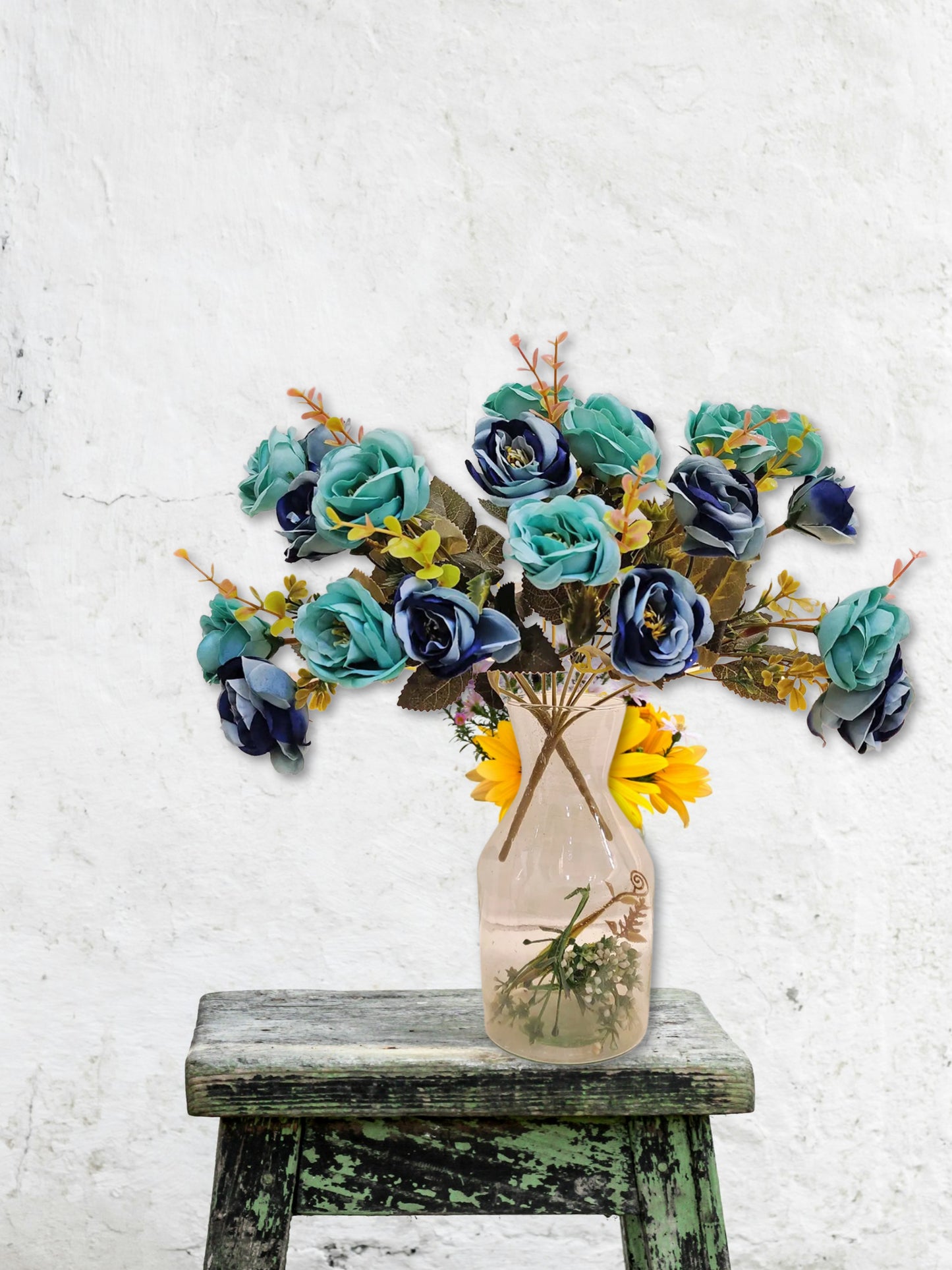 Artificial Flowers for decoration peony rose flower bunch for vase/pot, home/office decor, gift, artificial plant, Craft, Without Vase, Pack of 2 piece, blue, 35 cm height