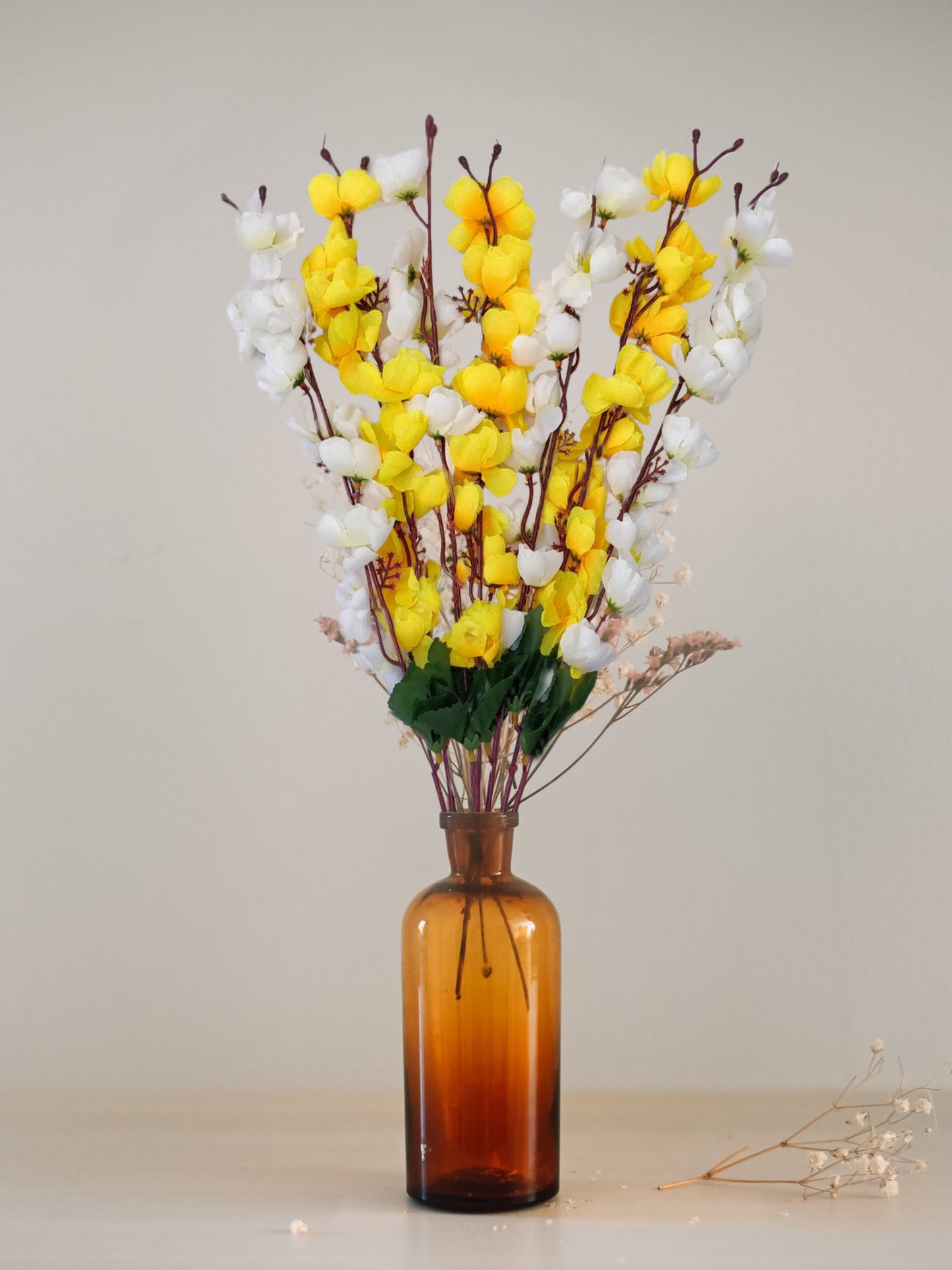ARTSY® Serene White and Cheerful Yellow Artificial Cherry Blossom Flower Bunch For Home Decoration Vase Filler - One Piece, Without Vase 55 CM Long