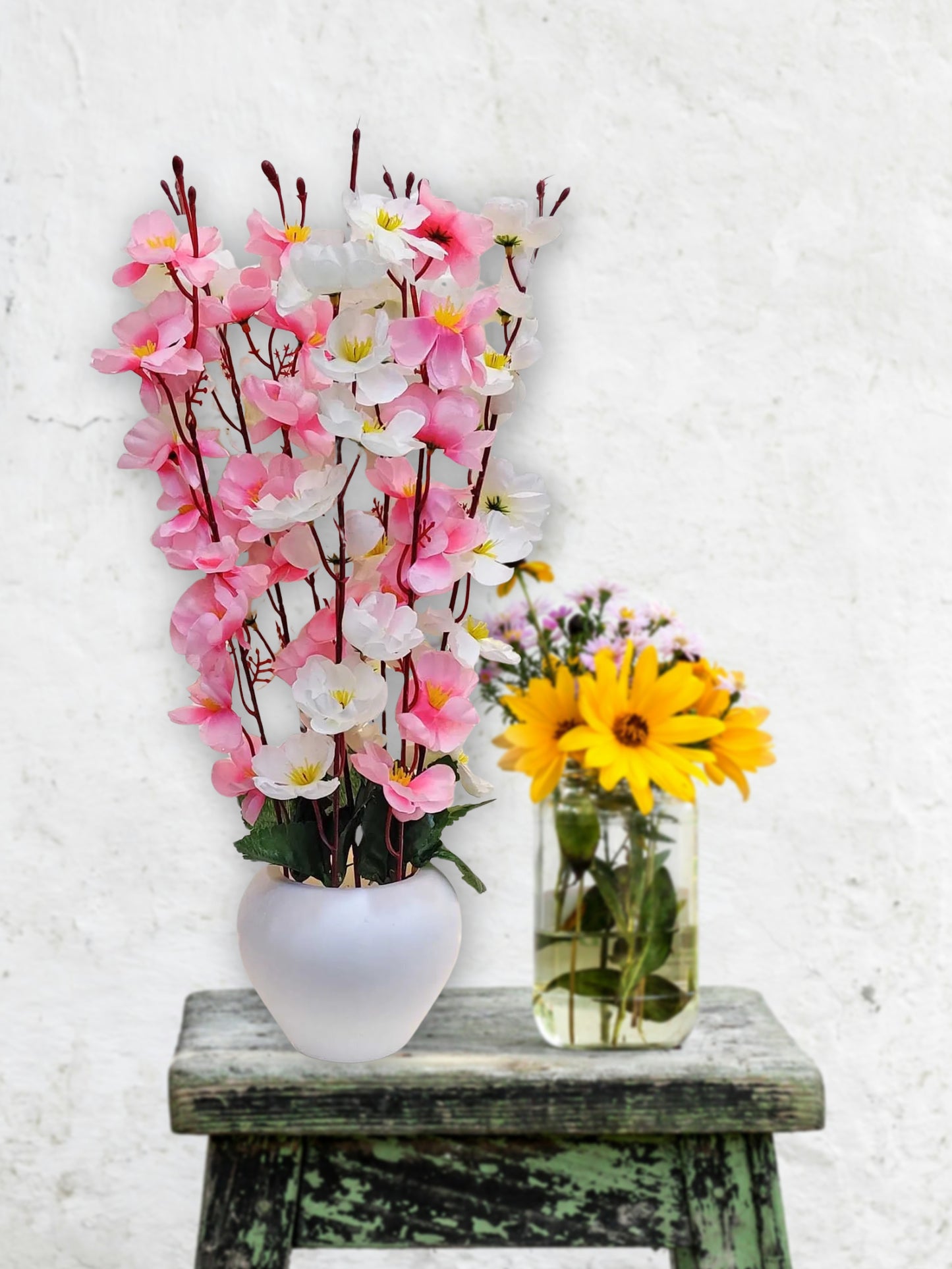 ARTSY® Artificial Flowers With Pot For Home Decoration, Office Decor Cherry Blossom combo, Lightpink White, 1 Piece