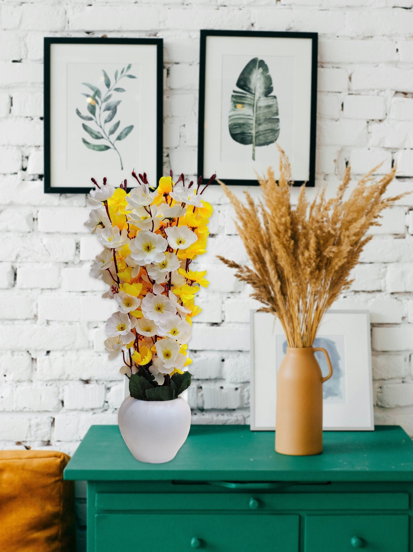 ARTSY® Artificial Flowers With Pot For Home Decoration, Office Decor Cherry Blossom combo, Yellow, White, 1 Piece
