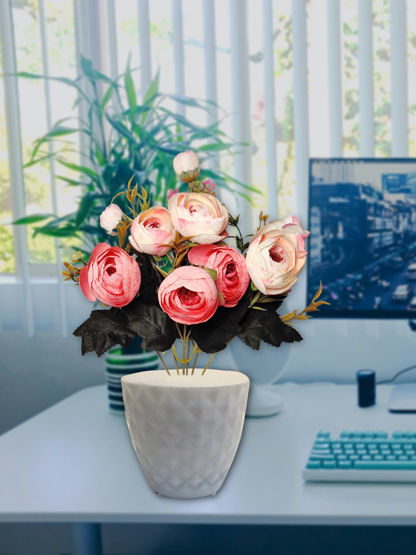 ARTSY® Artificial flowers with pot for Home decoration, table top, office decor, peony flowers, craft, gift, 35 cm height, Baby pink, Pack of 1 Piece