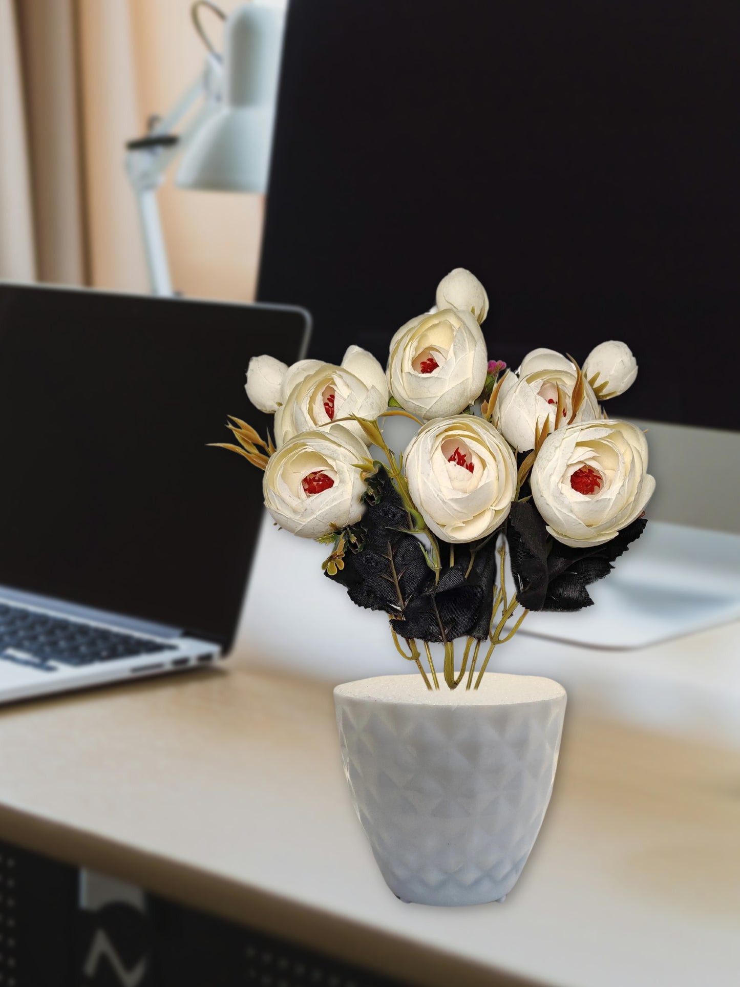 ARTSY® Artificial flowers with pot for Home decoration, table top, office decor, peony flowers, craft, gift, 35 cm height, White, Pack of 1 Piece