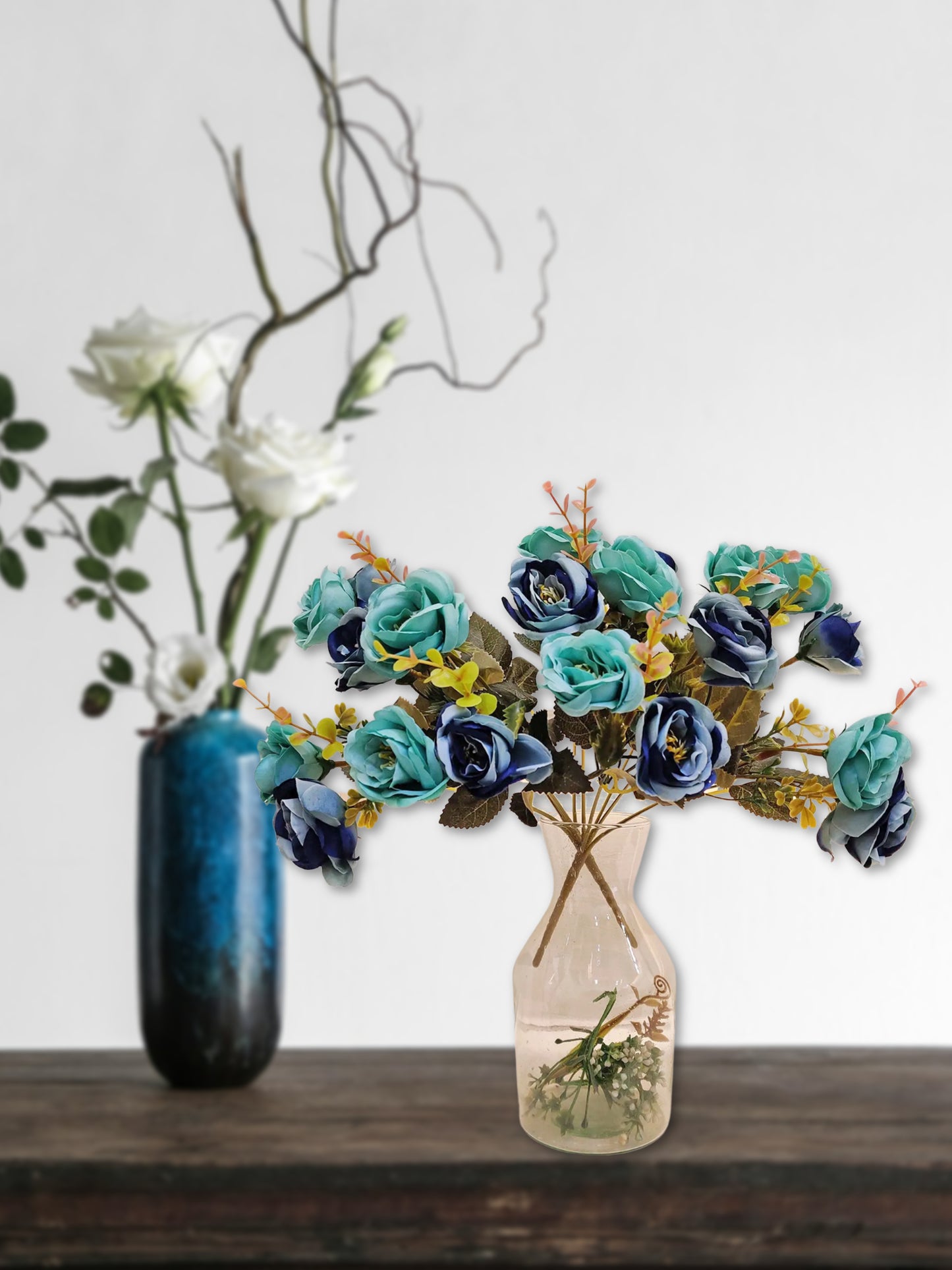 Artificial Flowers for decoration peony rose flower bunch for vase/pot, home/office decor, gift, artificial plant, Craft, Without Vase, Pack of 2 piece, blue, 35 cm height
