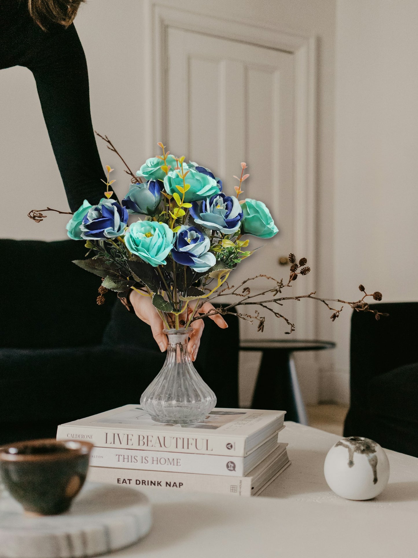 Artificial Flowers for decoration peony rose flower bunch for vase/pot, home/office decor, gift, artificial plant, Craft, Without Vase, Pack of 1 piece, blue