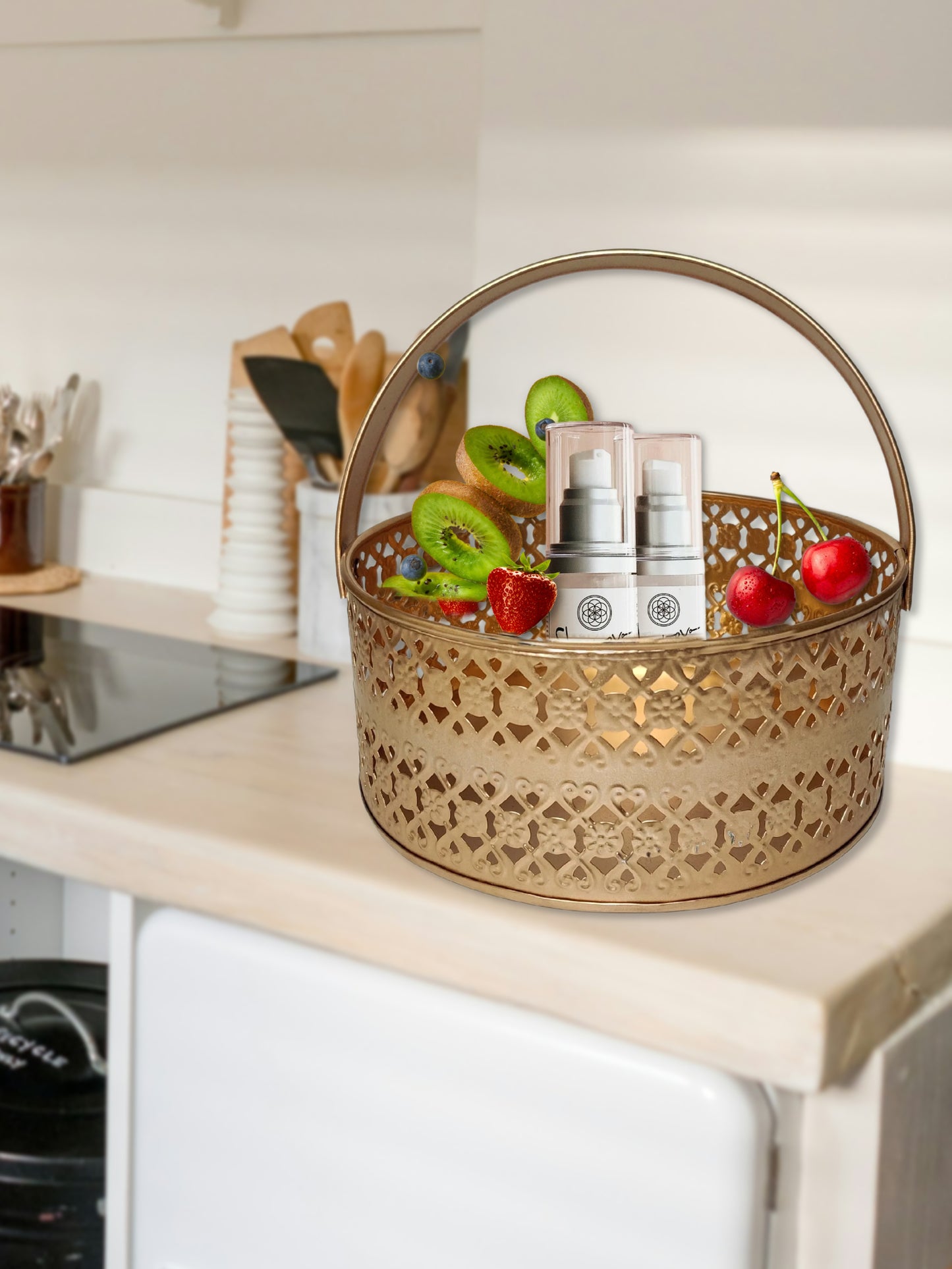 Multipurpose Decorative Metal Basket with Foldabale Handle for pooja storage, organizer, gift, DIY craft, Golden, 1 piece