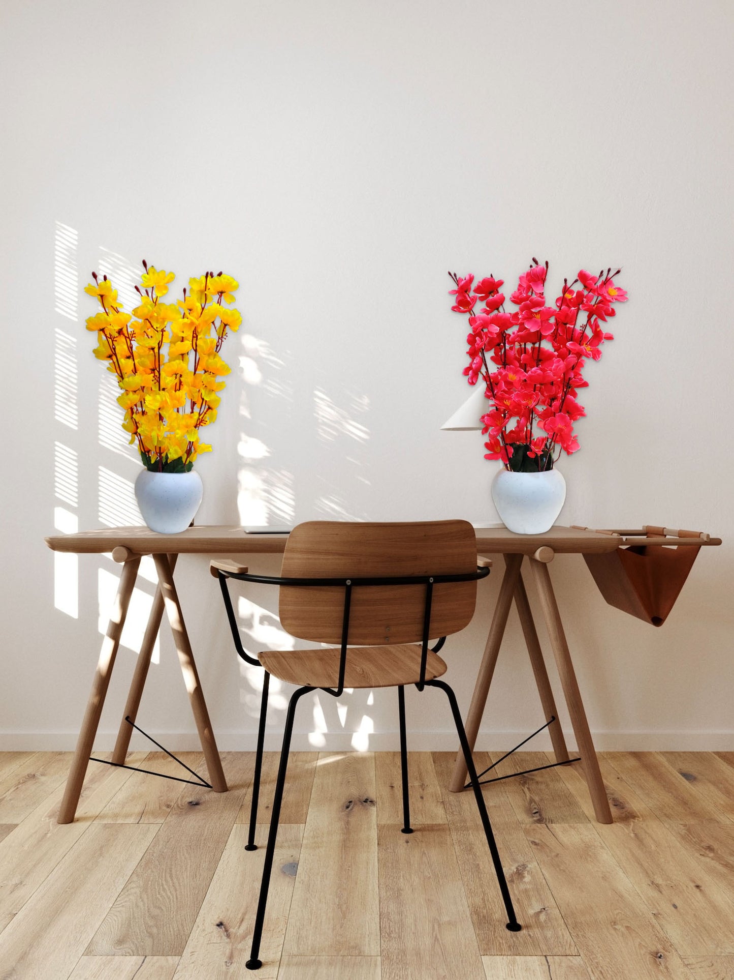 ARTSY® Artificial Flowers With Pot For Home Decoration, Office Decor Cherry Blossom combo, Maroon, Yellow, Pack of 2 Pieces.