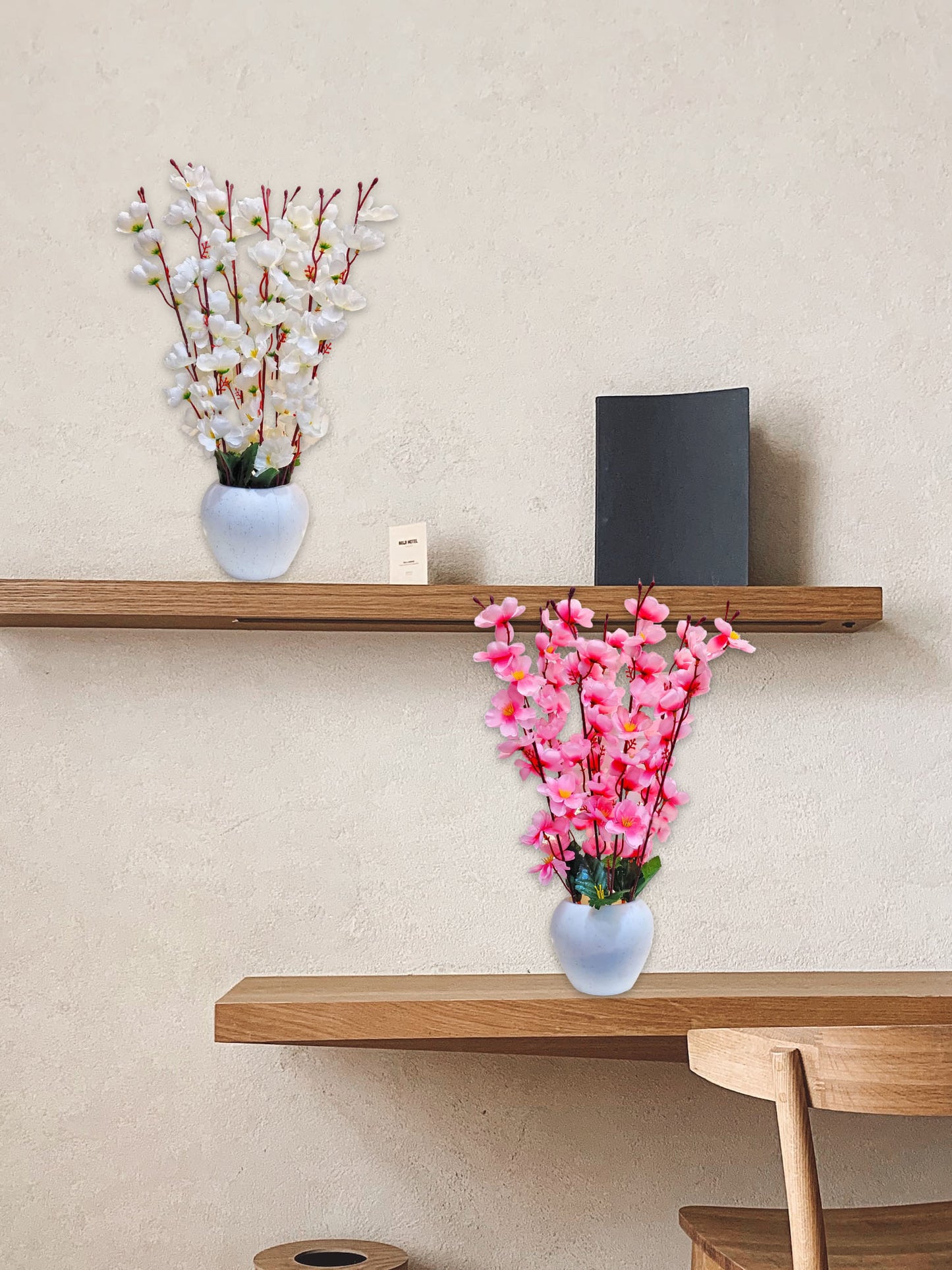 ARTSY® Artificial Flowers With Pot For Home Decoration, Office Decor Cherry Blossom combo, White, Light Pink, Pack of 2 Pieces.