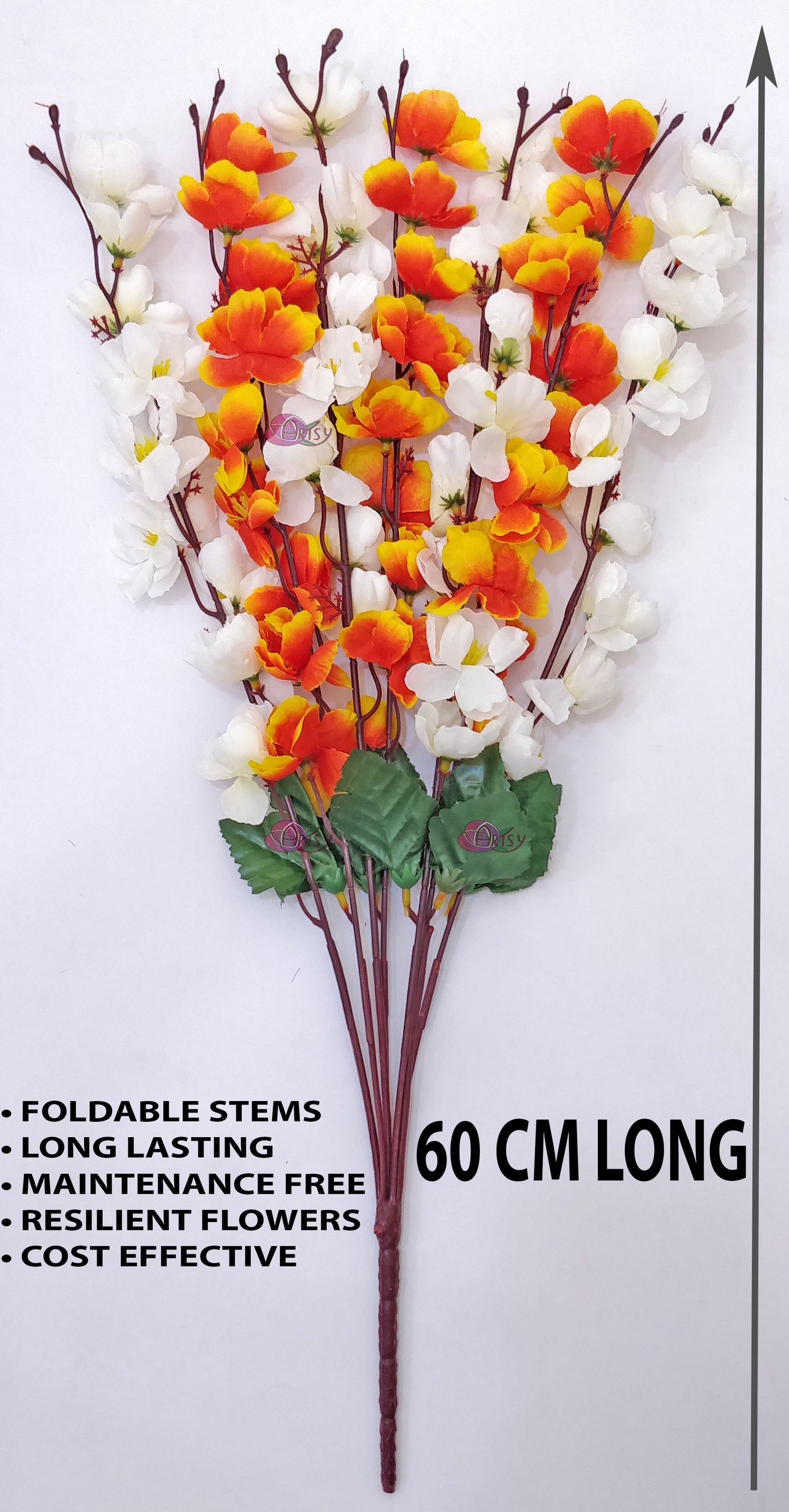 ARTSY® Vibrant Orange and White Artificial Cherry Blossom Flower Elegance, For Home Decoration, Office Decor, Without Vase, 55 Cm Long