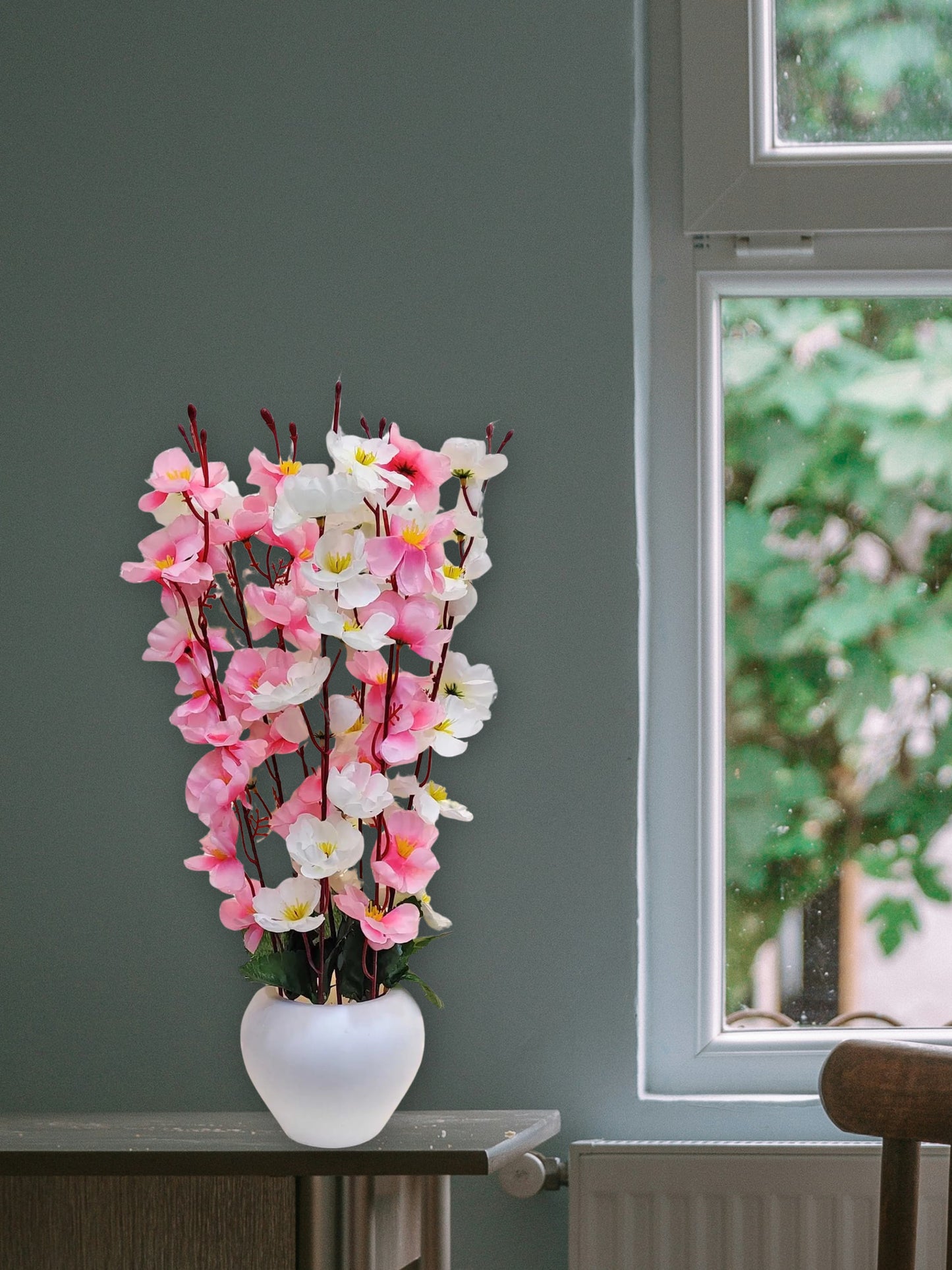 ARTSY® Artificial Flowers With Pot For Home Decoration, Office Decor Cherry Blossom combo, Lightpink White, 1 Piece
