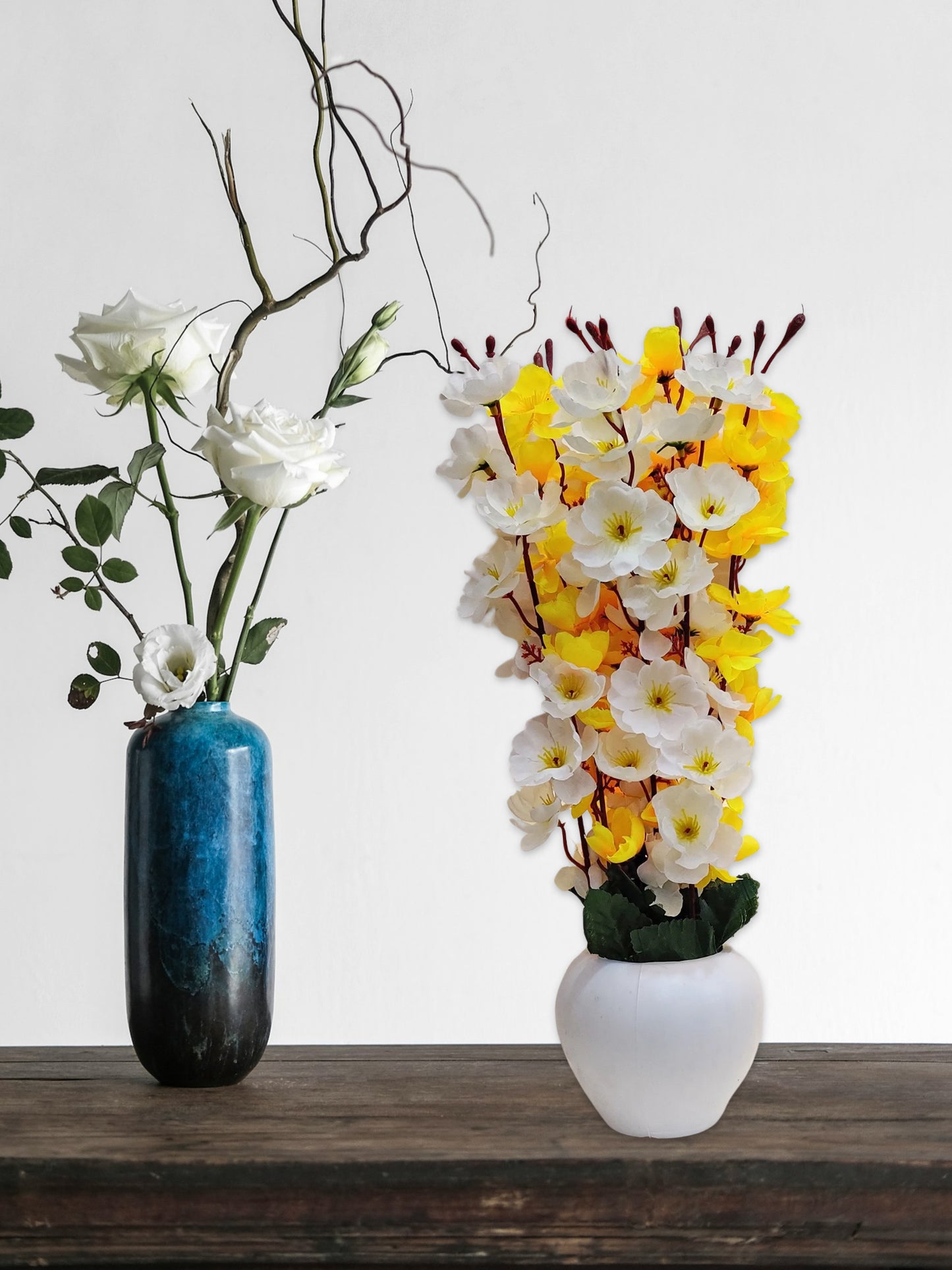 ARTSY® Artificial Flowers With Pot For Home Decoration, Office Decor Cherry Blossom combo, Yellow, White, 1 Piece