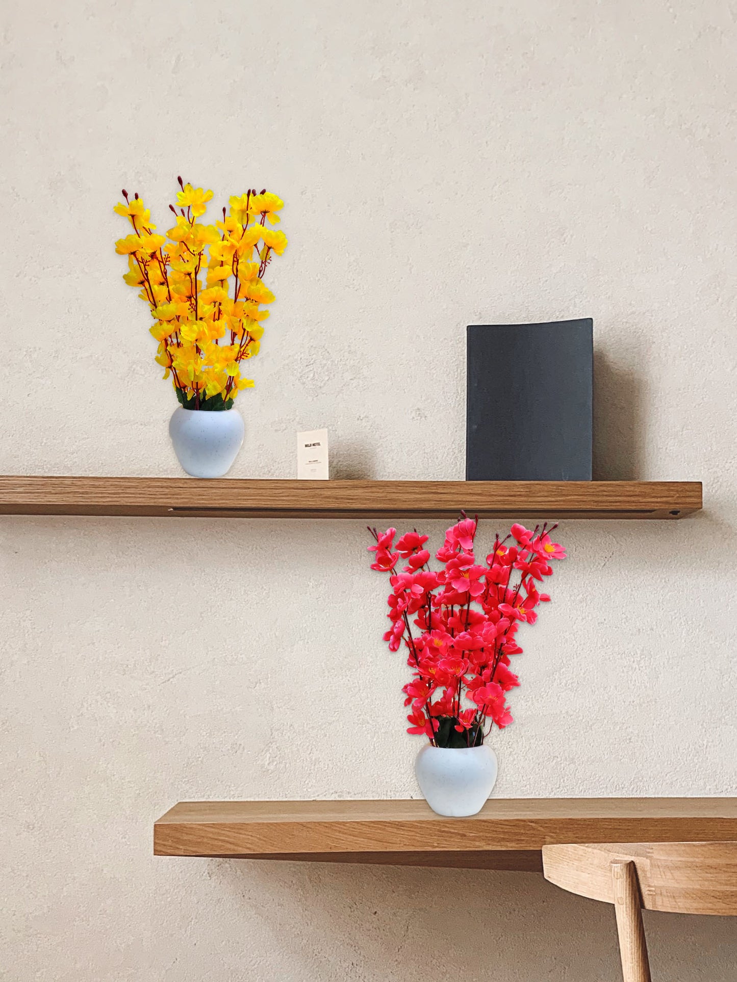 ARTSY® Artificial Flowers With Pot For Home Decoration, Office Decor Cherry Blossom combo, Maroon, Yellow, Pack of 2 Pieces.