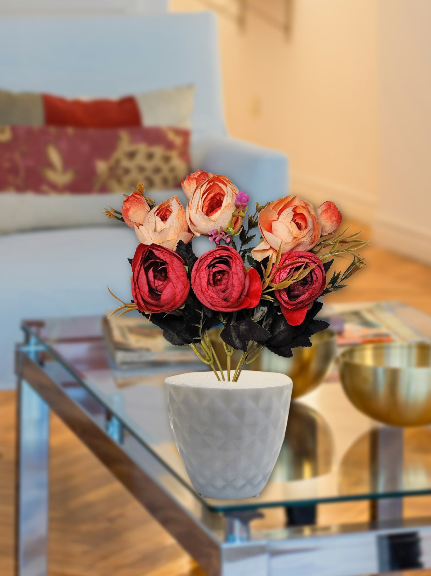 ARTSY® Artificial flowers with pot for Home decoration, table top, office decor, peony flowers, craft, gift, 35 cm height, Peach, Pack of 1 Piece