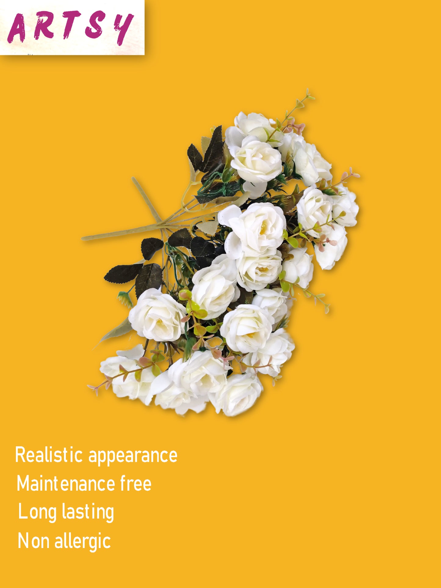 Artificial Flowers for decoration peony rose flower bunch for vase/pot, home/office decor, gift, artificial plant, Craft, Without Vase, combo, Pack of 2 piece, white