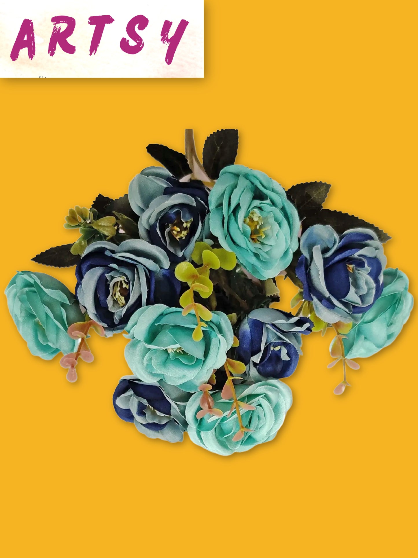 Artificial Flowers for decoration peony rose flower bunch for vase/pot, home/office decor, gift, artificial plant, Craft, Without Vase, Pack of 1 piece, blue