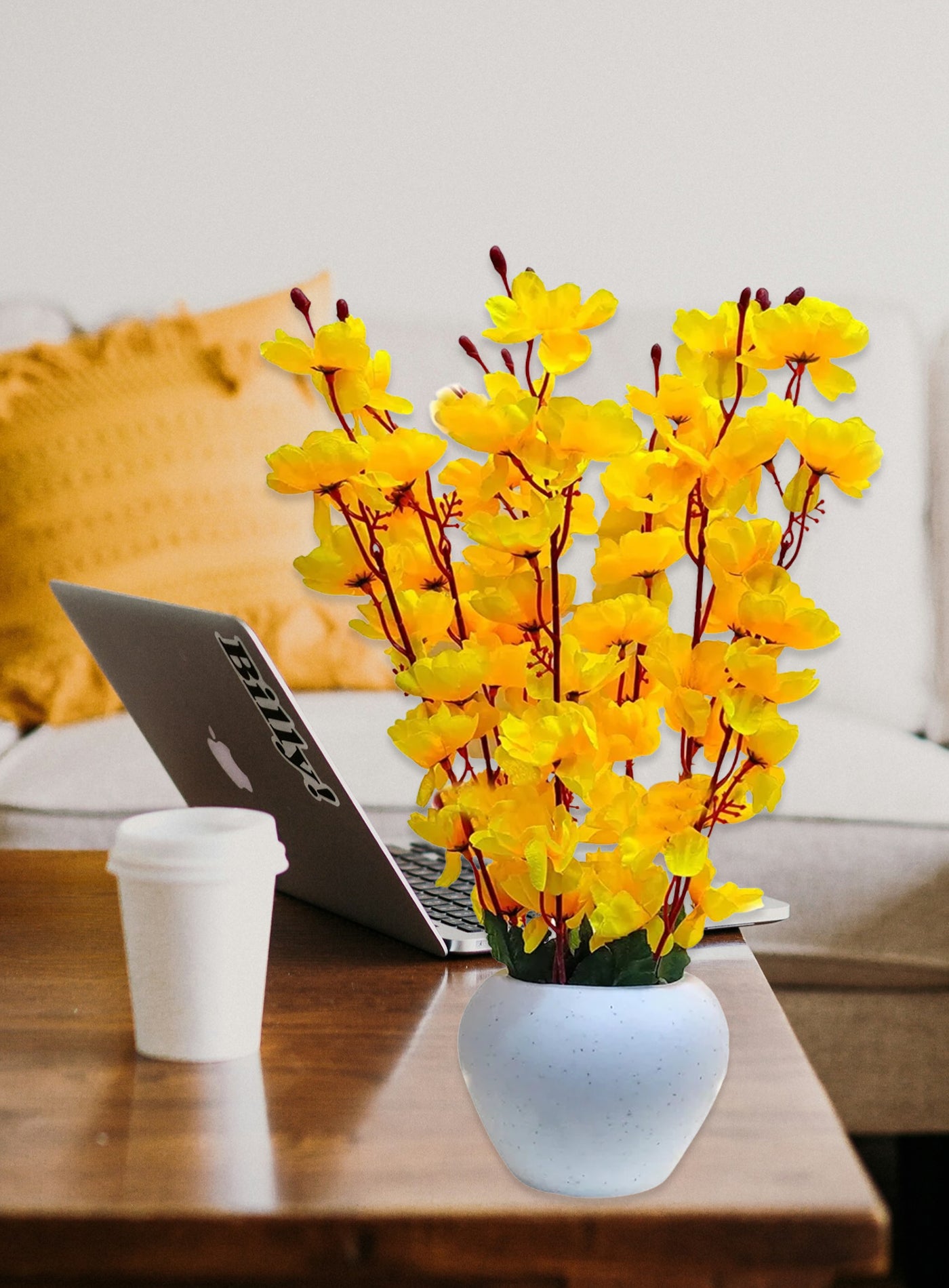 ARTSY® Artificial Flowers With Pot For Home Decoration, Office Decor Cherry Blossom combo, Yellow, 1 Piece