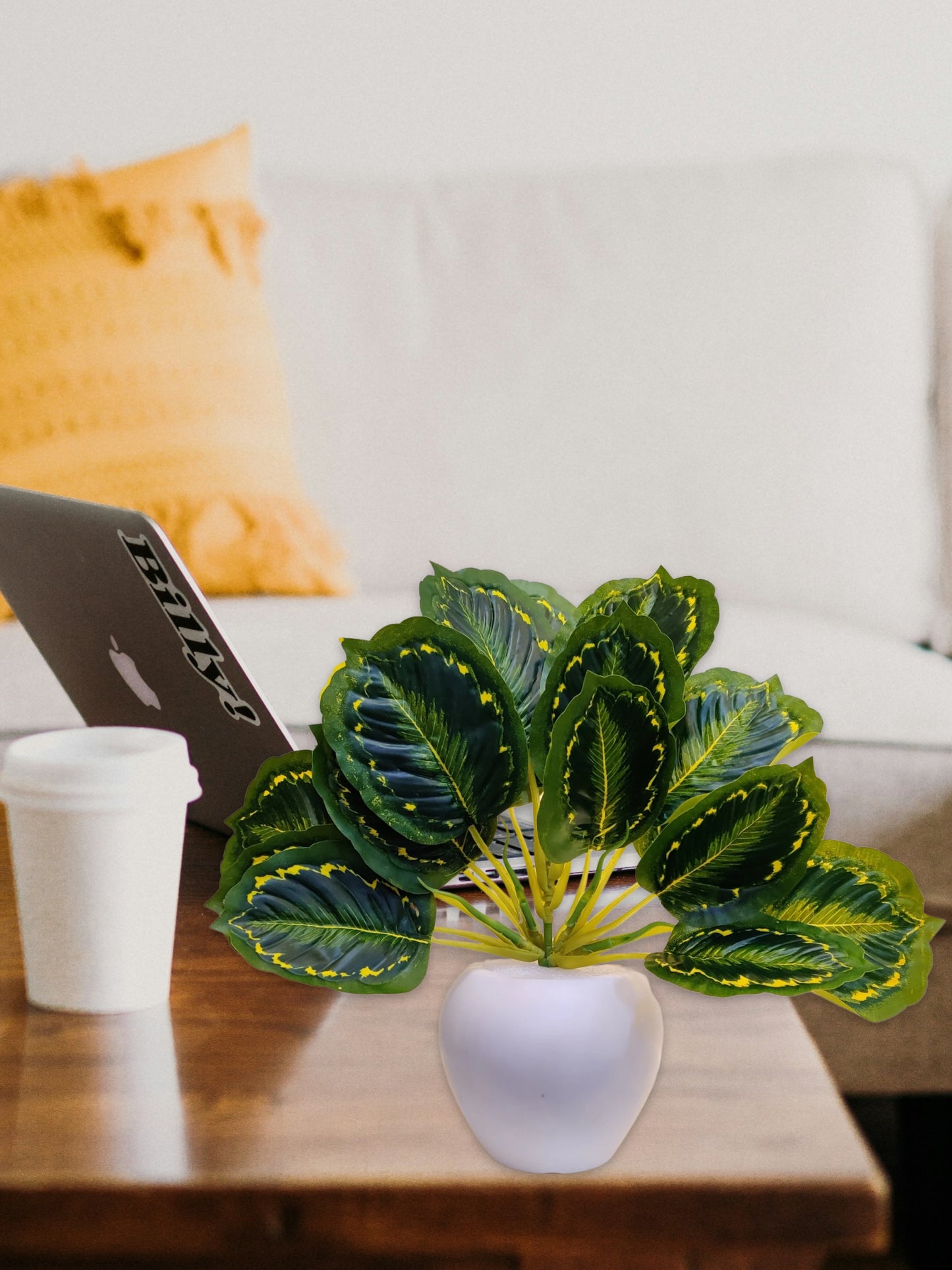 Blooming Beauty: Artificial Plant in Stylish Pot for Effortless Home Decor. Artificial Leaves with Pot Plants for Home Decoration, Leaves Bunch Flowers with Pot Office Decor, Craft and DIY, Combo, Yellow green