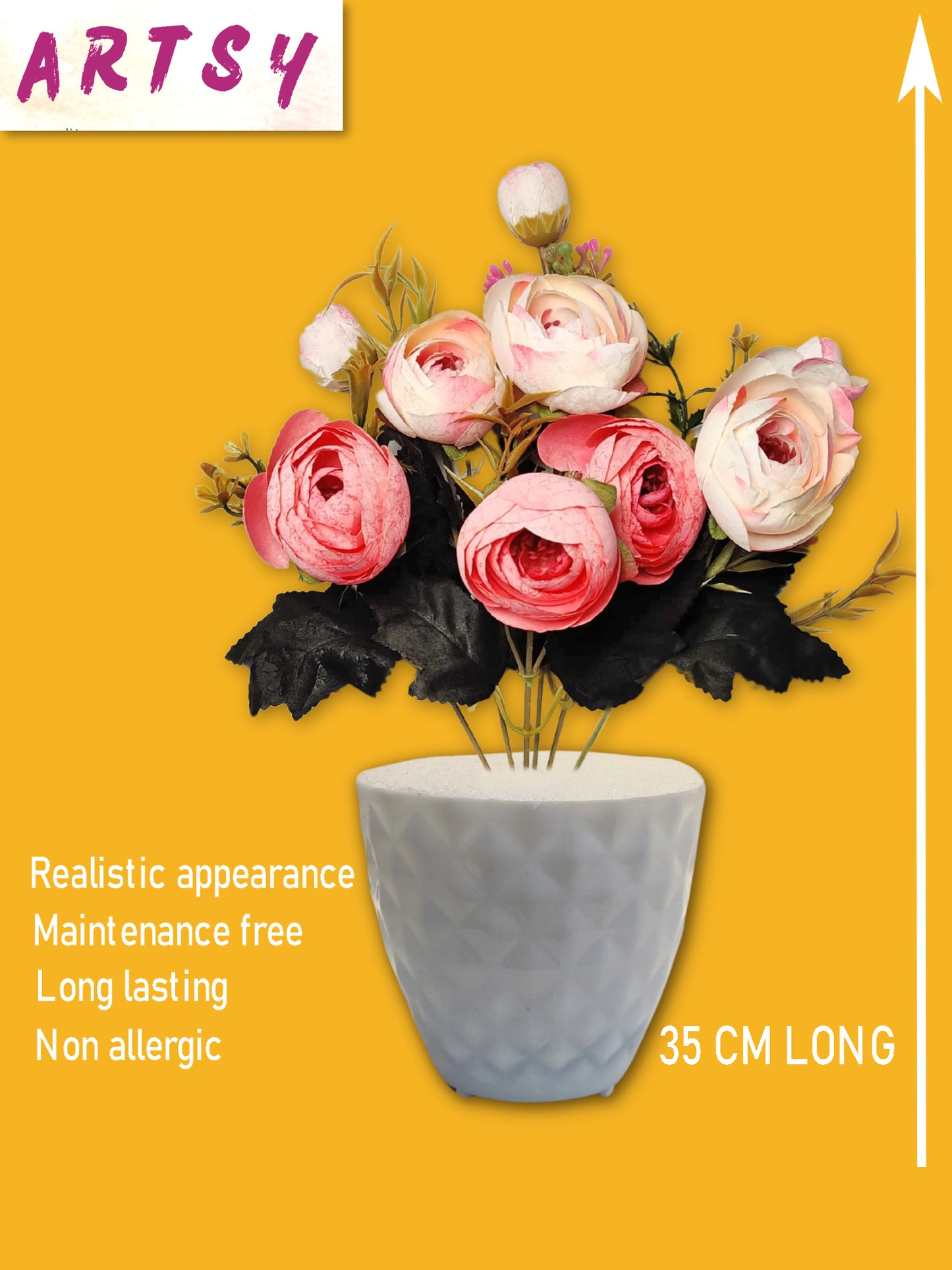 ARTSY® Artificial flowers with pot for Home decoration, table top, office decor, peony flowers, craft, gift, 35 cm height, Baby pink, Pack of 1 Piece