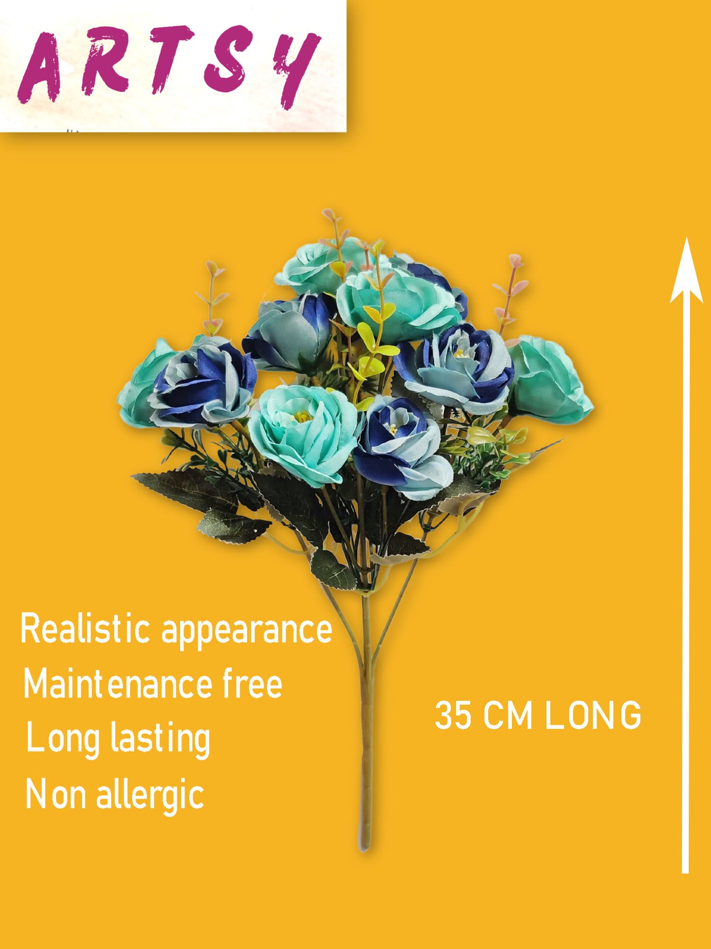 Artificial Flowers for decoration peony rose flower bunch for vase/pot, home/office decor, gift, artificial plant, Craft, Without Vase, Pack of 1 piece, blue