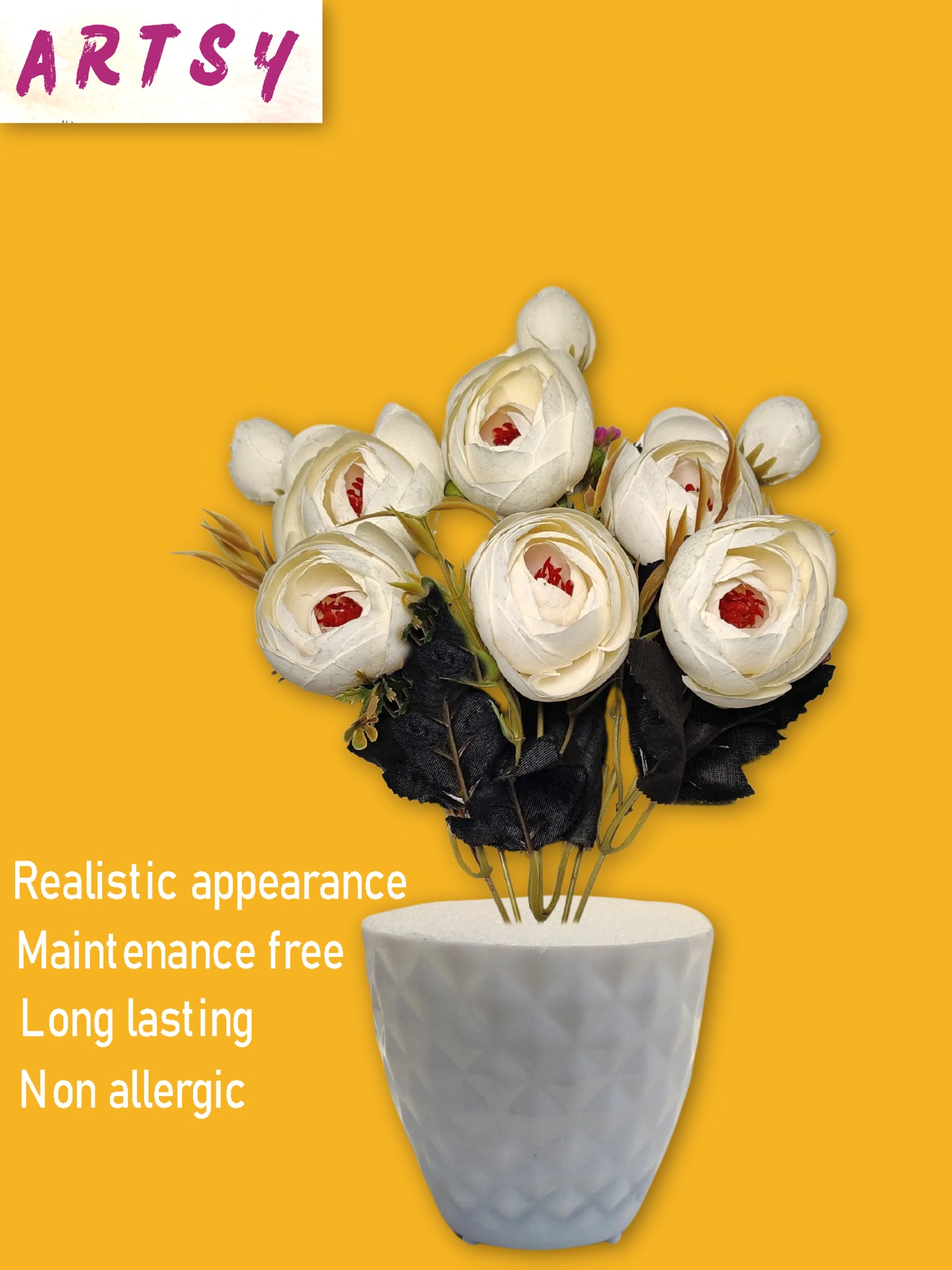 ARTSY® Artificial flowers with pot for Home decoration, table top, office decor, peony flowers, craft, gift, 35 cm height, White, Pack of 1 Piece