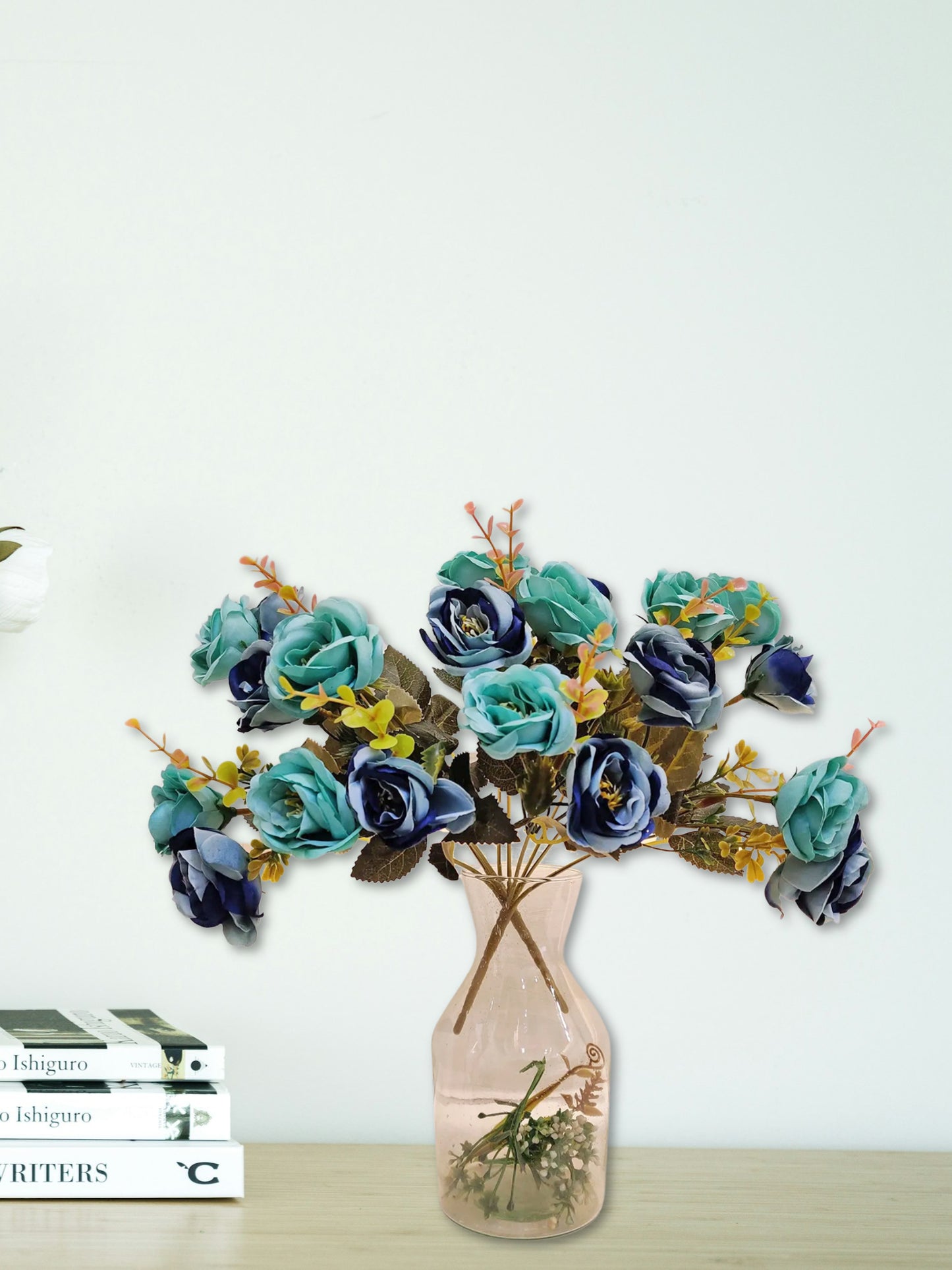 Artificial Flowers for decoration peony rose flower bunch for vase/pot, home/office decor, gift, artificial plant, Craft, Without Vase, Pack of 2 piece, blue, 35 cm height