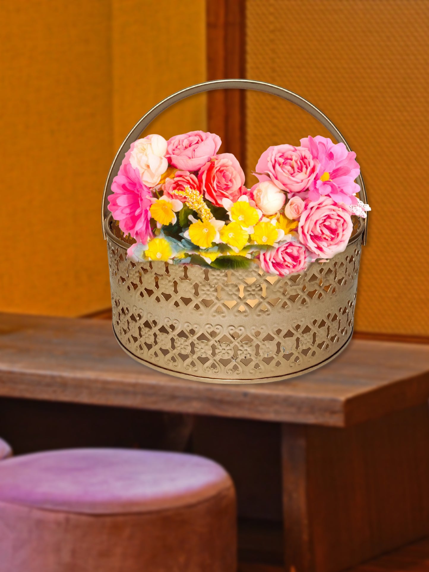 Multipurpose Decorative Metal Basket with Foldabale Handle for pooja storage, organizer, gift, DIY craft, Golden, 1 piece
