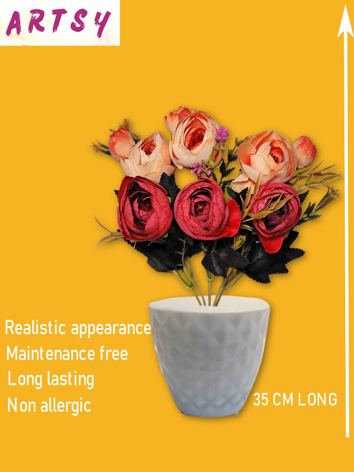 ARTSY® Artificial flowers with pot for Home decoration, table top, office decor, peony flowers, craft, gift, 35 cm height, Peach, Pack of 1 Piece