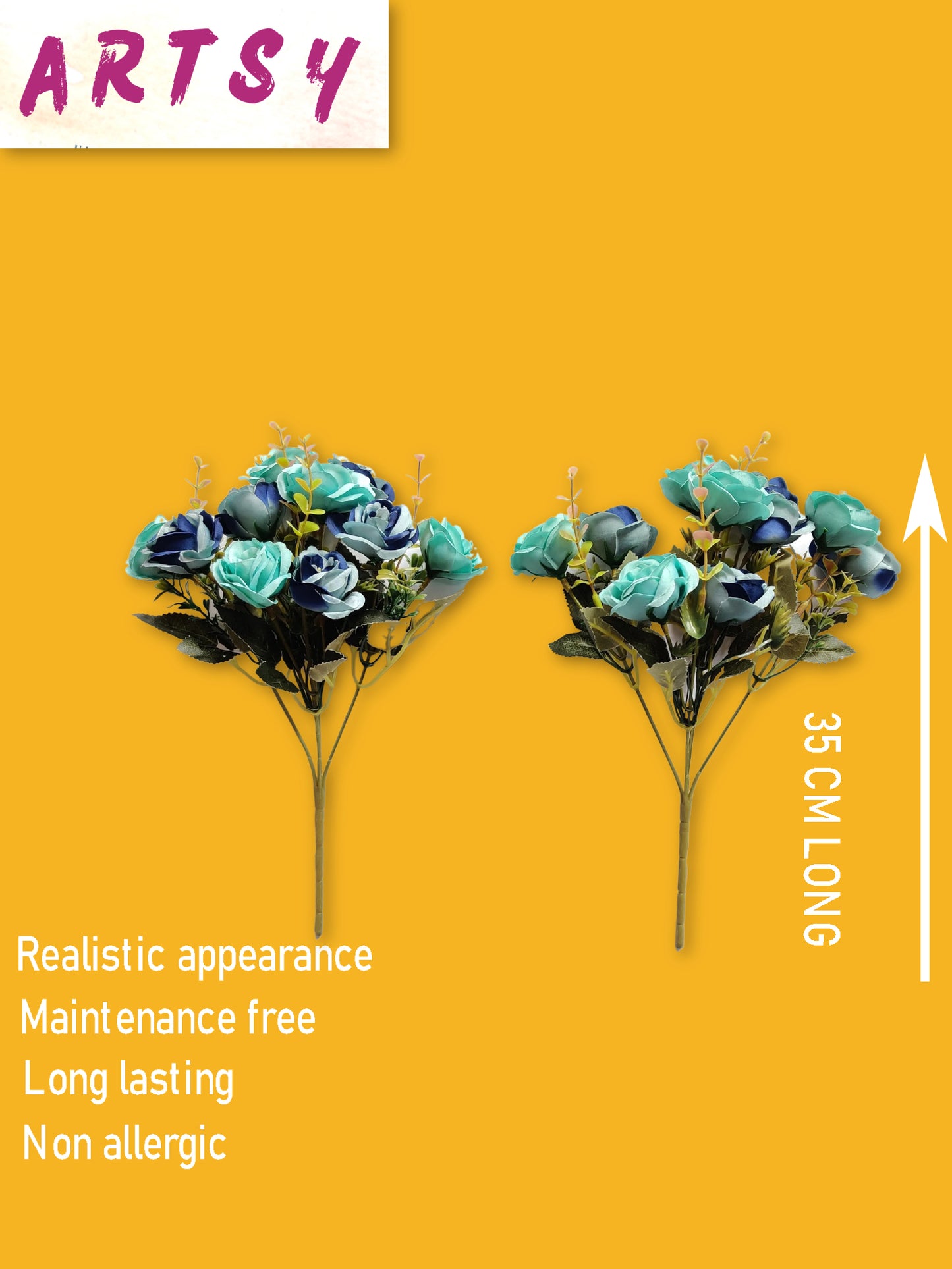 Artificial Flowers for decoration peony rose flower bunch for vase/pot, home/office decor, gift, artificial plant, Craft, Without Vase, Pack of 2 piece, blue, 35 cm height