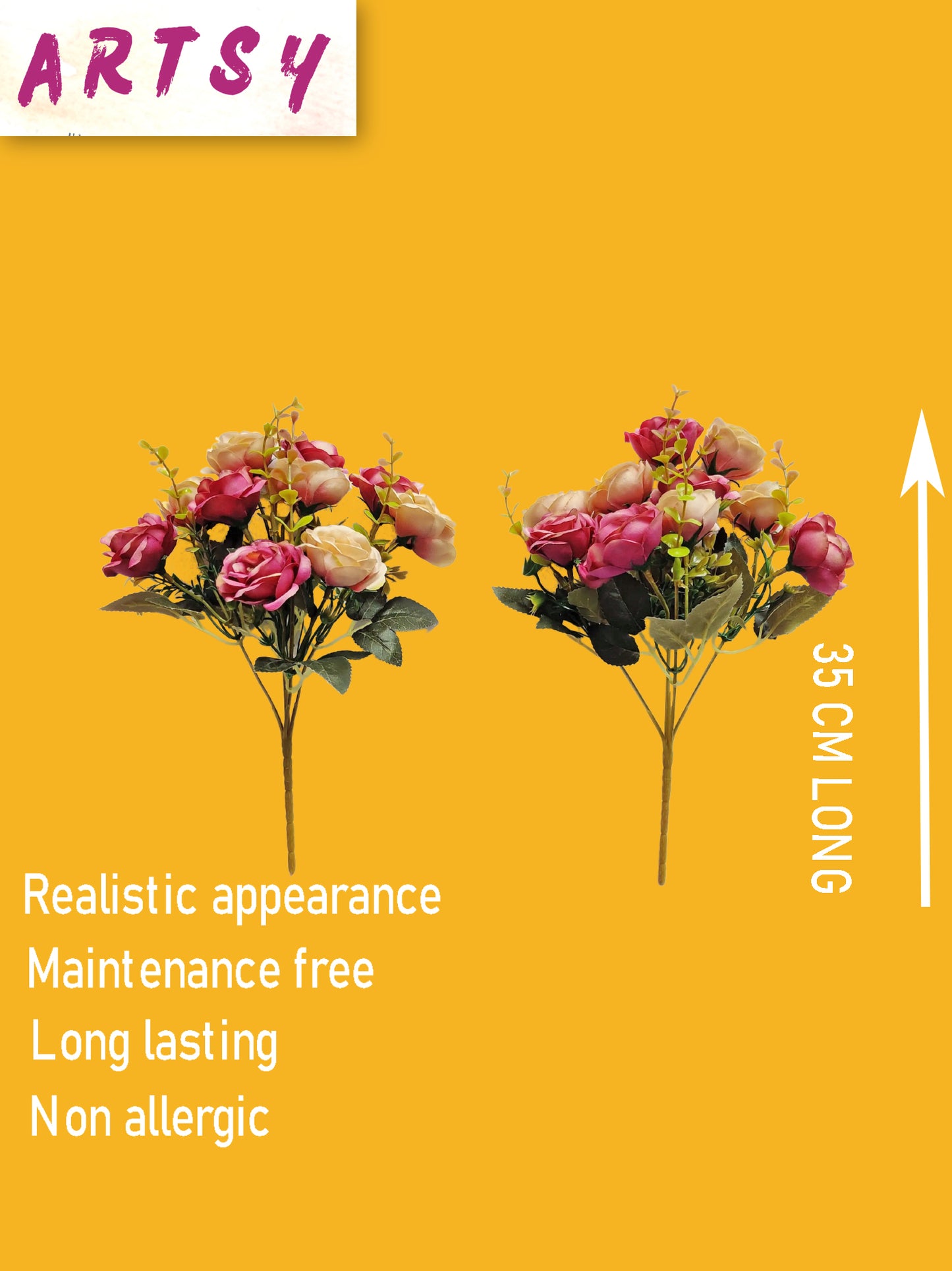 Artificial Flowers for decoration peony rose flower bunch for vase/pot, home/office decor, gift, artificial plant, Craft, Without Vase, Pack of 2 piece, multi, 35 cm height