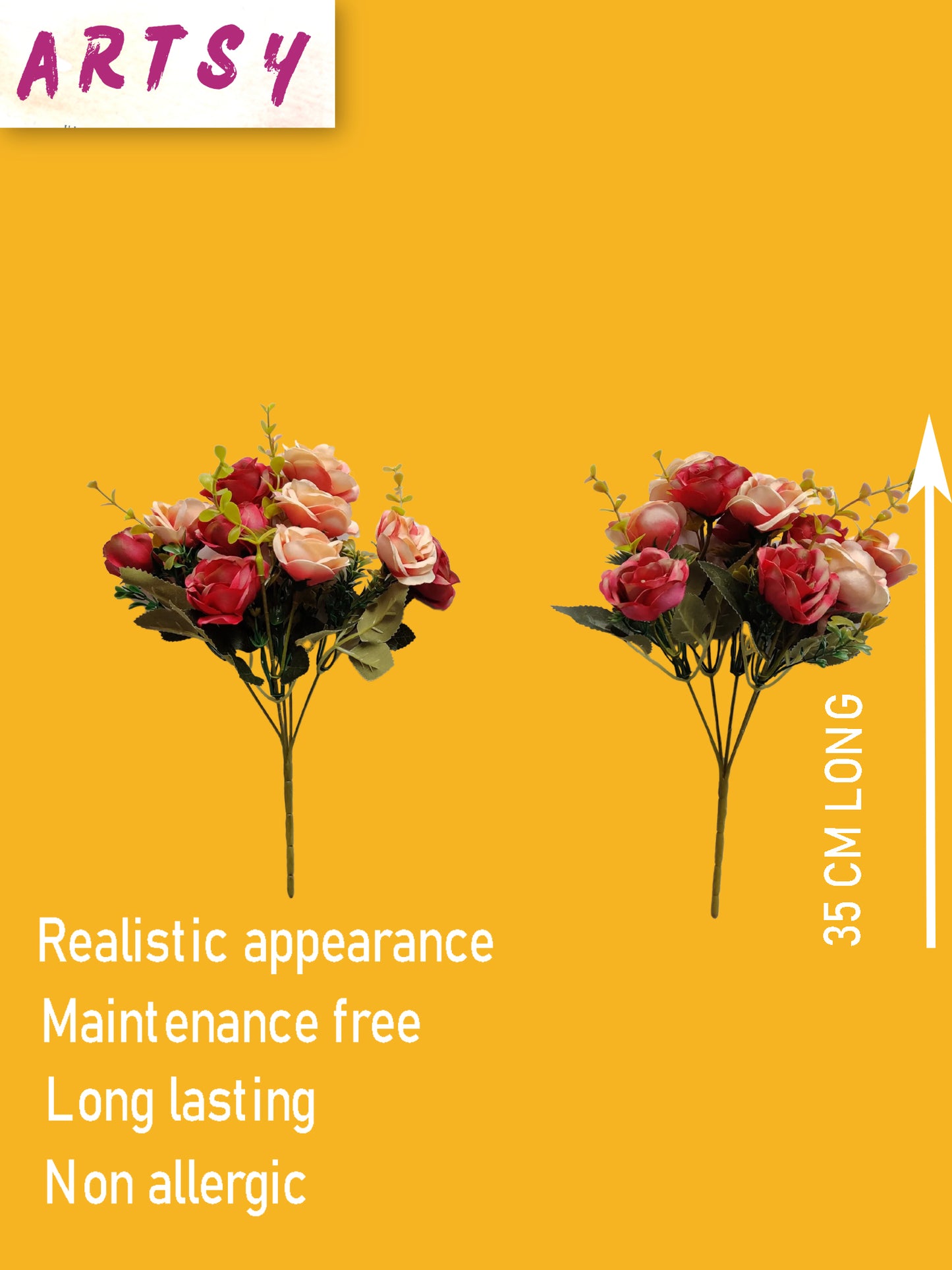 Artificial Flowers for decoration peony rose flower bunch for vase/pot, home/office decor, gift, artificial plant, Craft, Without Vase, Pack of 2 piece, pink, 35 cm height