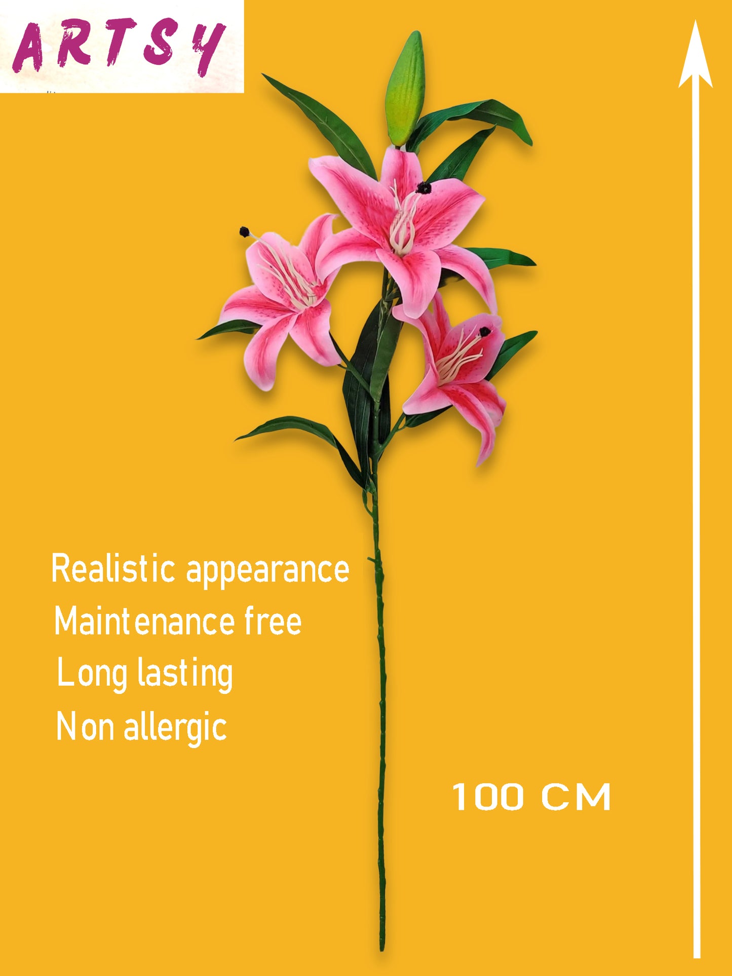 Enchanting Pink Artificial Lily Flower Stick: Timeless Elegance in Every Detail For Home Decor, Office Decor, Vae Filler, Gifting and many more, 3 Big flowers, 100 CM Long