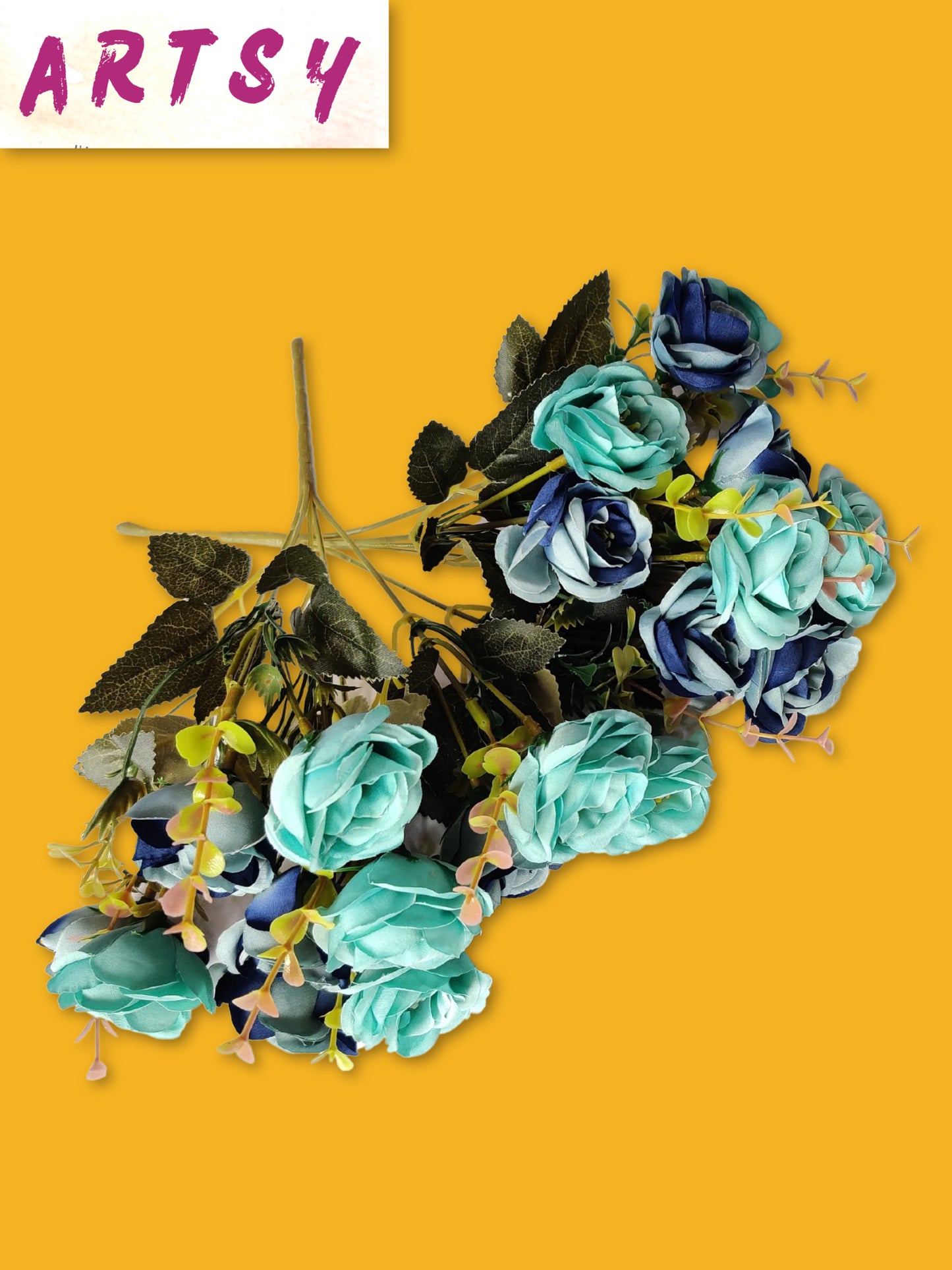 Artificial Flowers for decoration peony rose flower bunch for vase/pot, home/office decor, gift, artificial plant, Craft, Without Vase, Pack of 2 piece, blue, 35 cm height