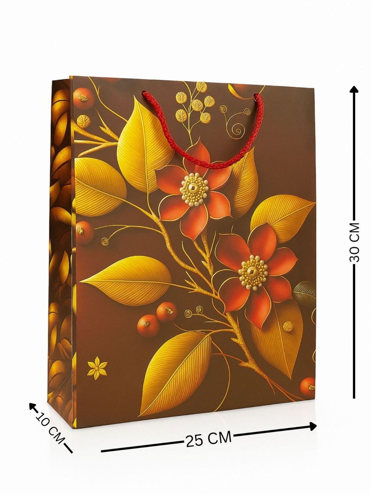Artsy Premium Paper Gift Bags – Brown Floral, Gold Print | Rope Handles | Reusable | 10×12 Inch | Pack of 5