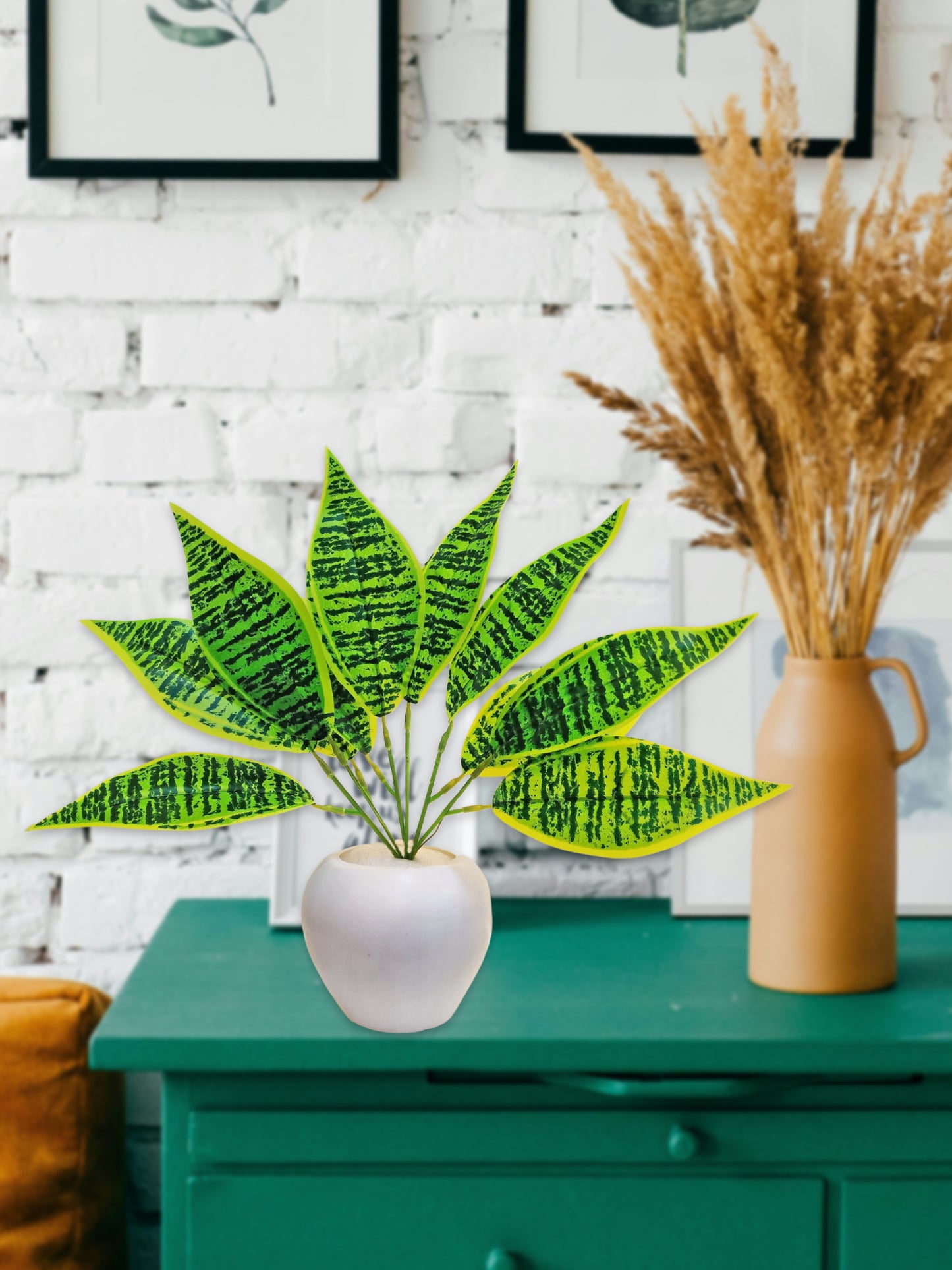 ARTSY® Artificial plants with pot for home decor, leaves, plants for pot/vase, home/office decor, gift, craft, artificial flowers with pot, combo, pack of 1 piece, 35 cm height, d green