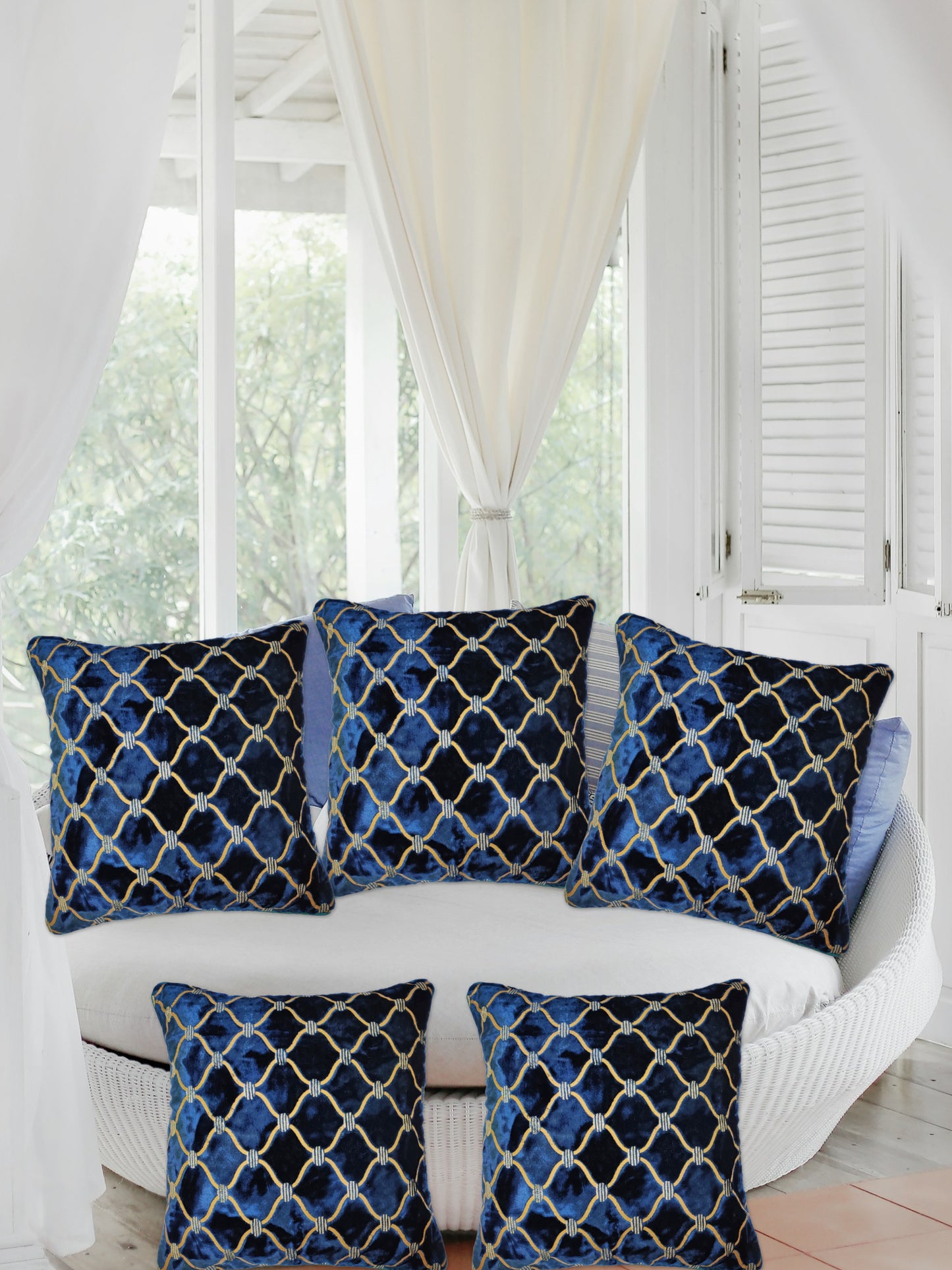 Set of 5 Luxurious Blue Velvet Cushion Covers – Elegance and Comfort Combined, 16 X 16 Inches
