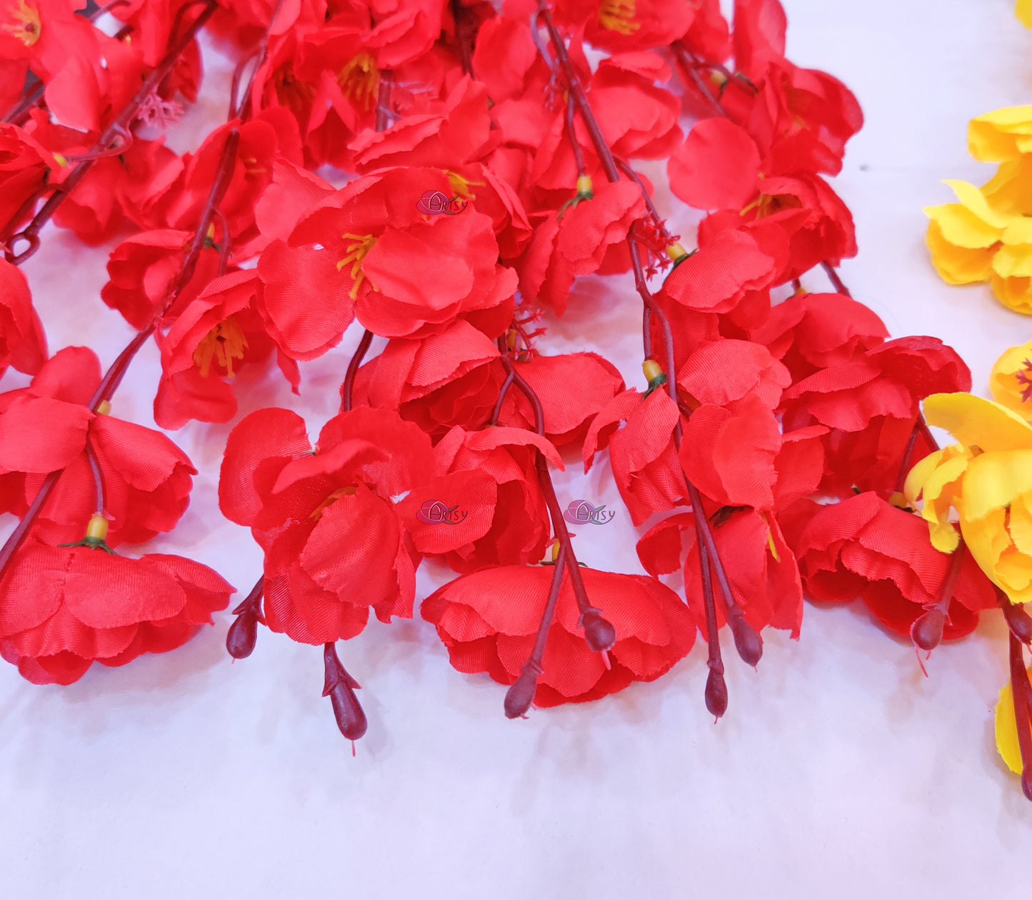 ARTSY® Artificial Flowers For Home Decoration Cherry Blossom Flower Bunch For Vase , Office Decor, Without VASE, Combo (Yellow Red , Pack of 2 Pieces)