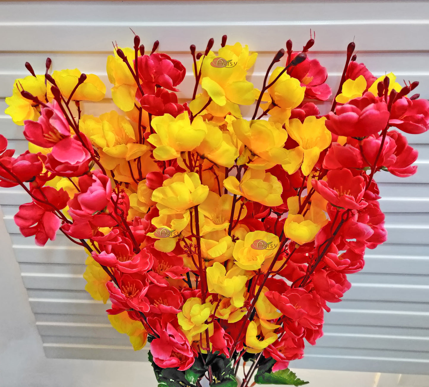 ARTSY® Artificial Flowers For Home Decoration Cherry Blossom Flower Bunch For Vase , Office Decor, Without VASE, Combo (Yellow Pink , Pack of 2 Pieces)