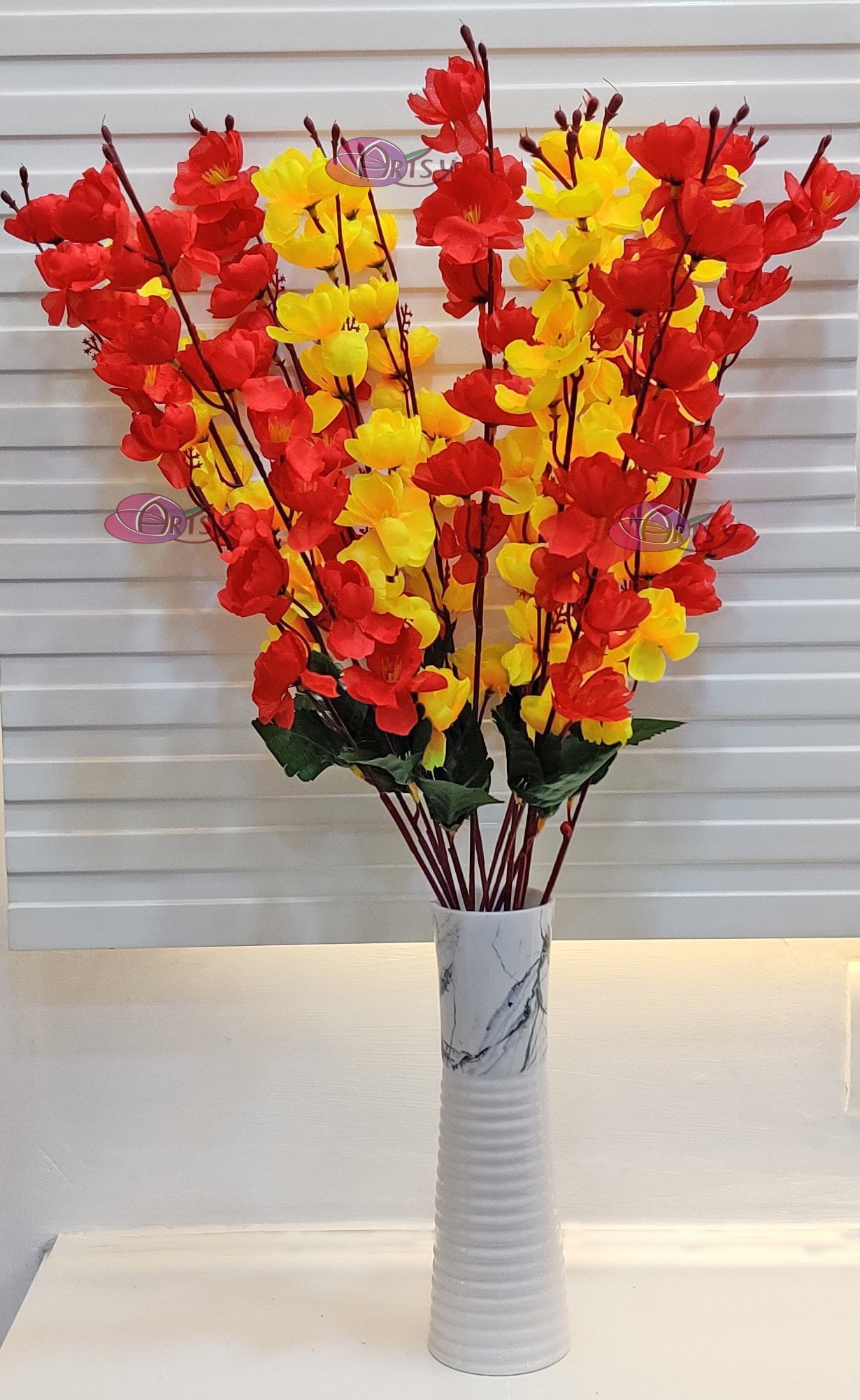 ARTSY® Artificial Flowers For Home Decoration Cherry Blossom Flower Bunch For Vase , Office Decor, Without VASE, Combo (Yellow Red , Pack of 2 Pieces)