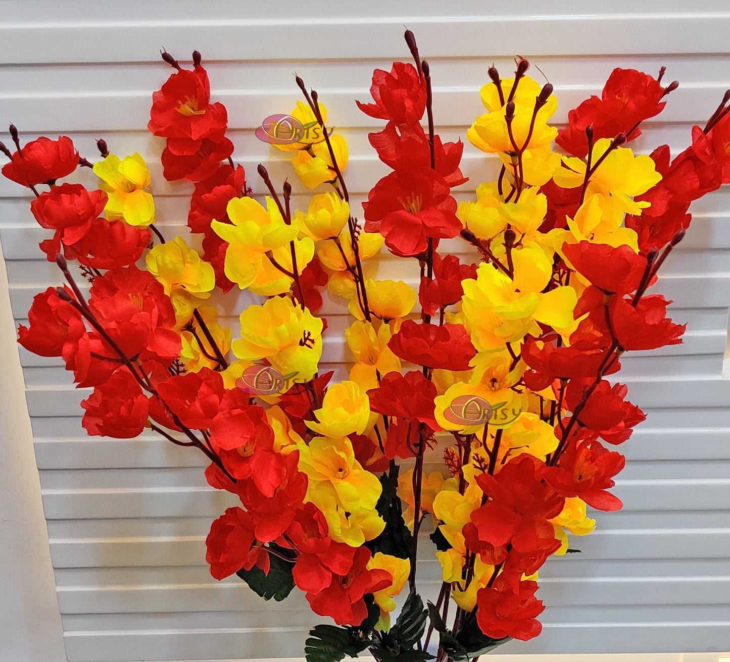 ARTSY® Artificial Flowers For Home Decoration Cherry Blossom Flower Bunch For Vase , Office Decor, Without VASE, Combo (Yellow Red , Pack of 2 Pieces)