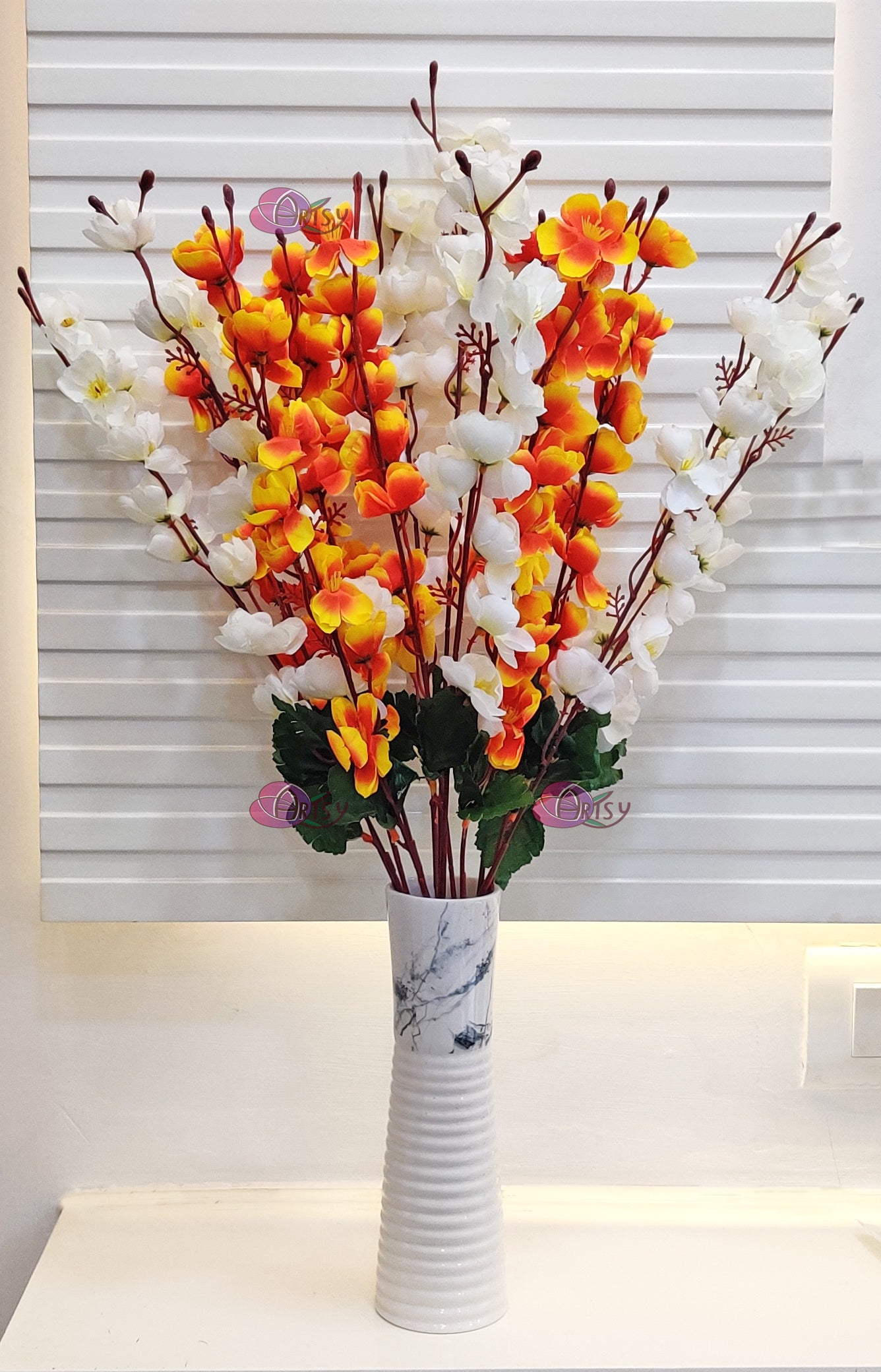 ARTSY® Artificial Flowers For Home Decoration cherry Blossom Flower Bunch For Vase White Orange Office Decor | Combo| PACK OF TWO| VASE NOT INCLUDED |