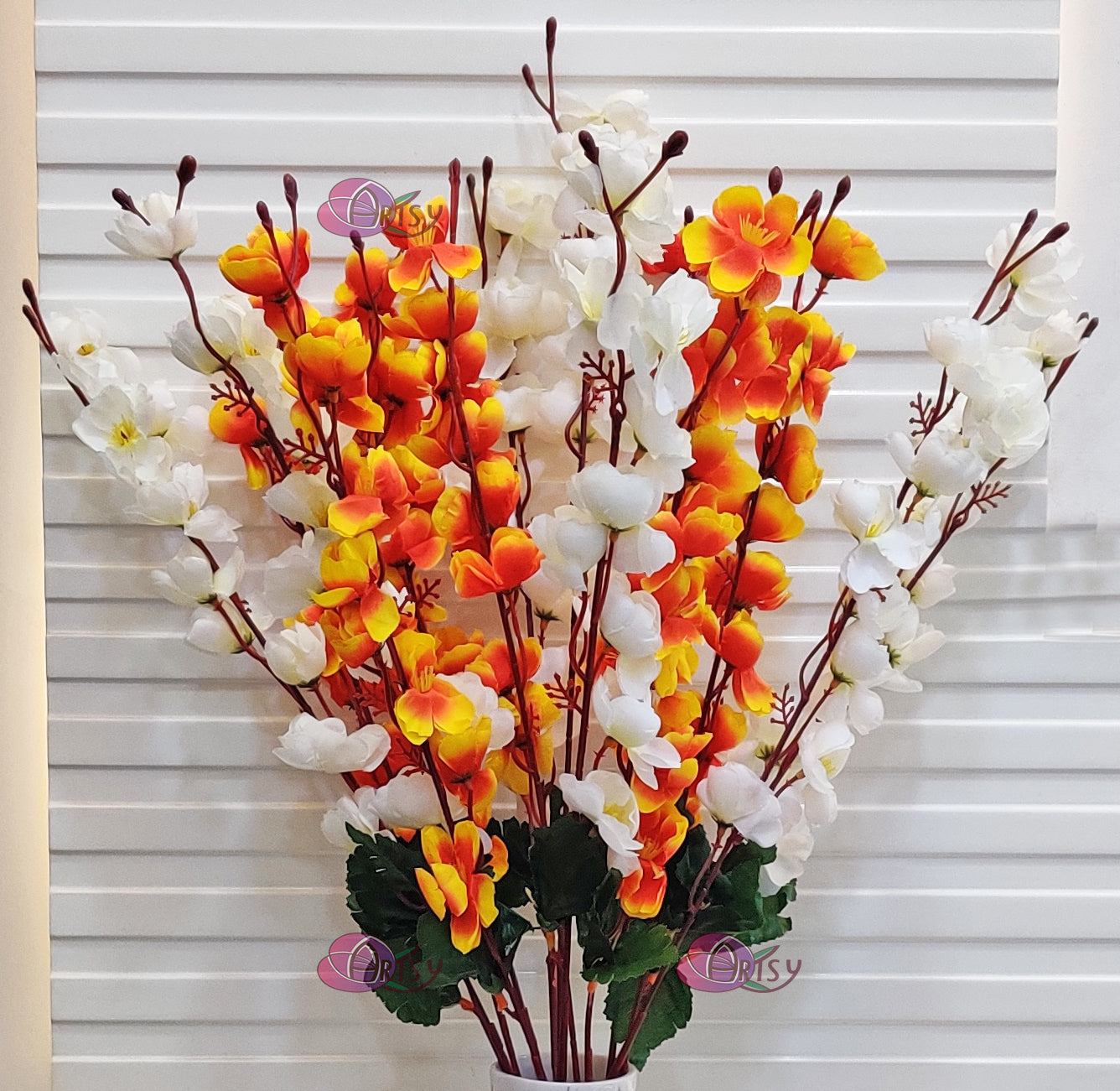 ARTSY® Artificial Flowers For Home Decoration cherry Blossom Flower Bunch For Vase White Orange Office Decor | Combo| PACK OF TWO| VASE NOT INCLUDED |