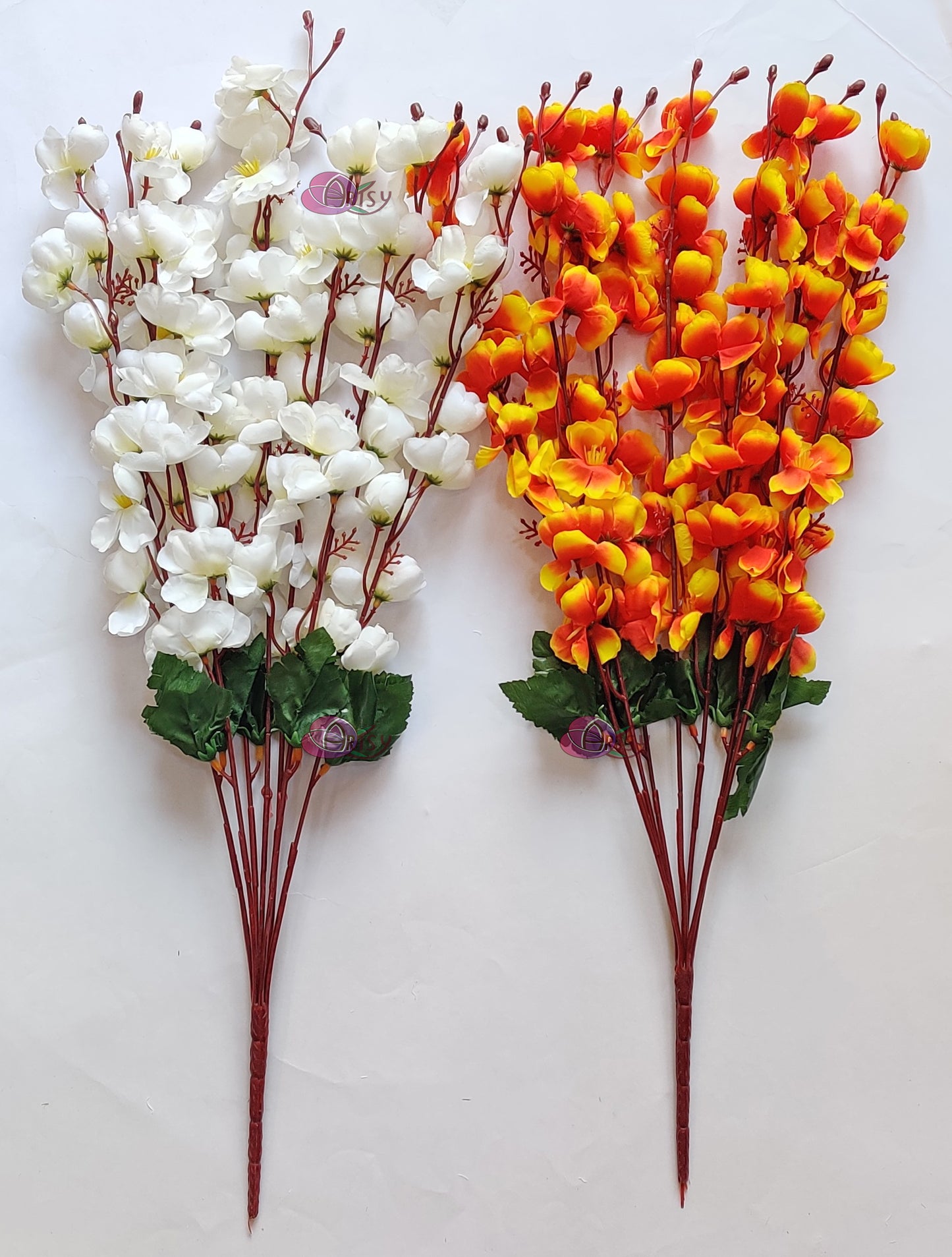 ARTSY® Artificial Flowers For Home Decoration cherry Blossom Flower Bunch For Vase White Orange Office Decor | Combo| PACK OF TWO| VASE NOT INCLUDED |