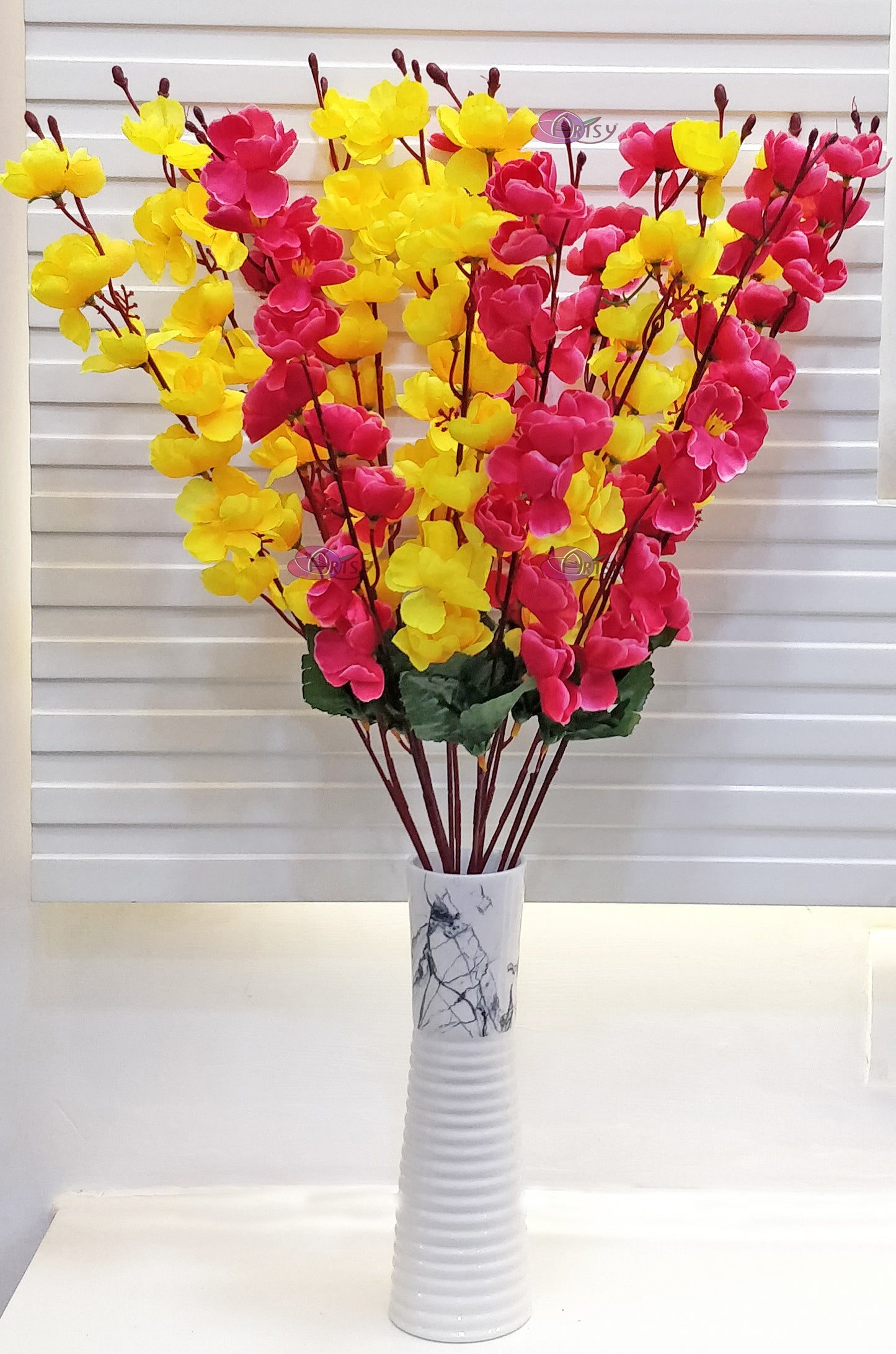 ARTSY® Artificial Flowers For Home Decoration Cherry Blossom Flower Bunch For Vase , Office Decor, Without VASE, Combo (Yellow Pink , Pack of 2 Pieces)