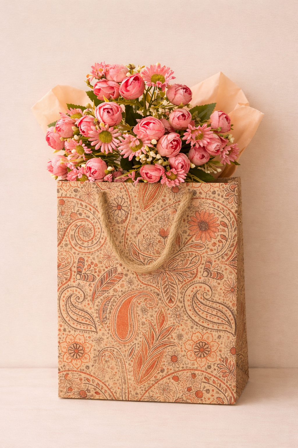 Peony flower bouquet in decorative gift bag for housewarming gift idea in India with aesthetic packaging