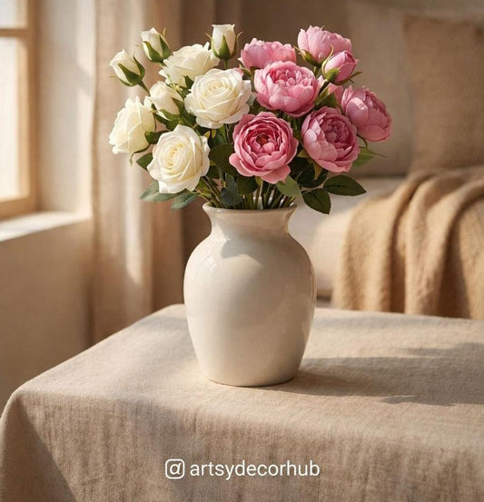Artificial flower arrangement styled in a vase with aesthetic home decor setup for modern Indian interiors