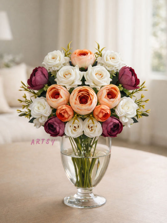 ARTSY Artificial Peony & Rose Flower Bunch Set for Home Decoration | Realistic Faux Floral Arrangement | Wedding, Living Room, Office & Table Decor | Pack of 2